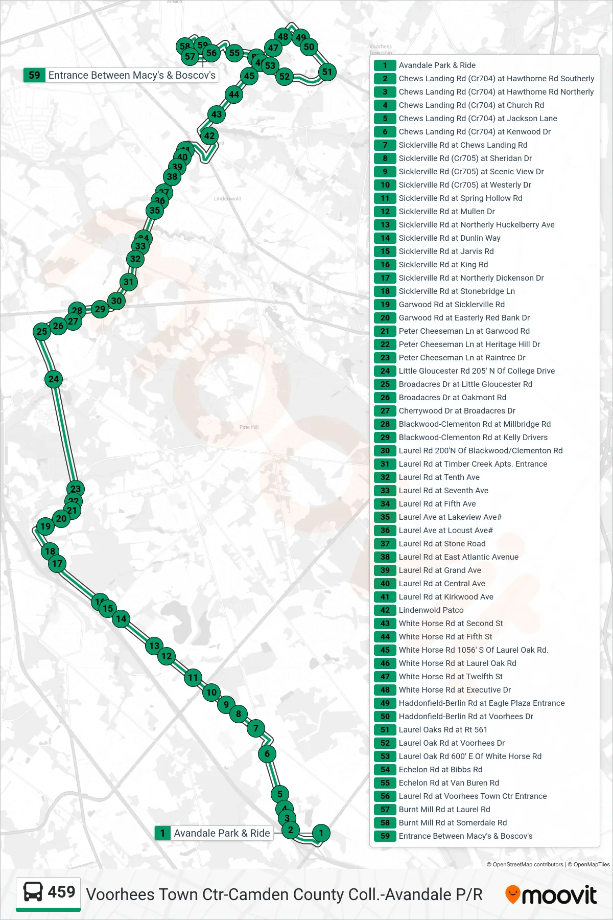 459 bus Line (Voorhees Ctr) route and stops on a map