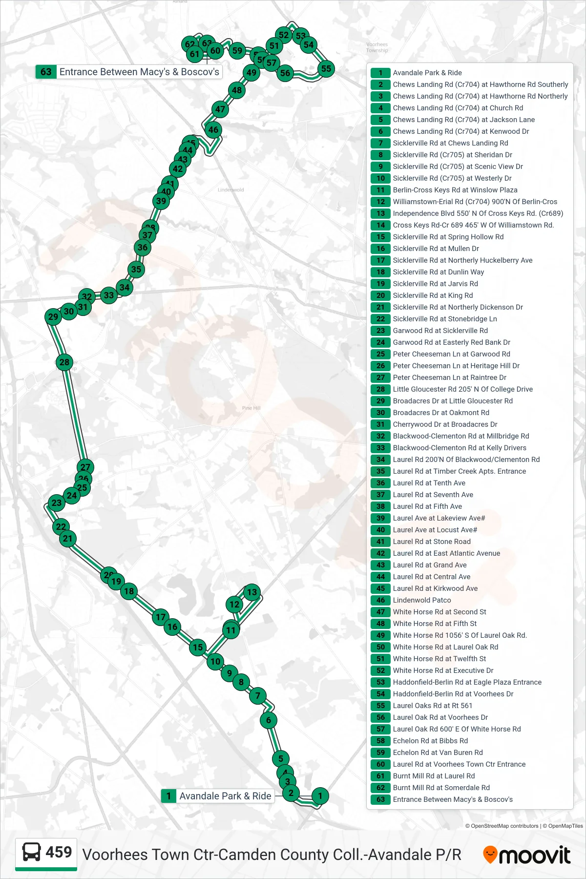 459 bus Line (Voorhees Ctr Winslow Plz) route and stops on a map