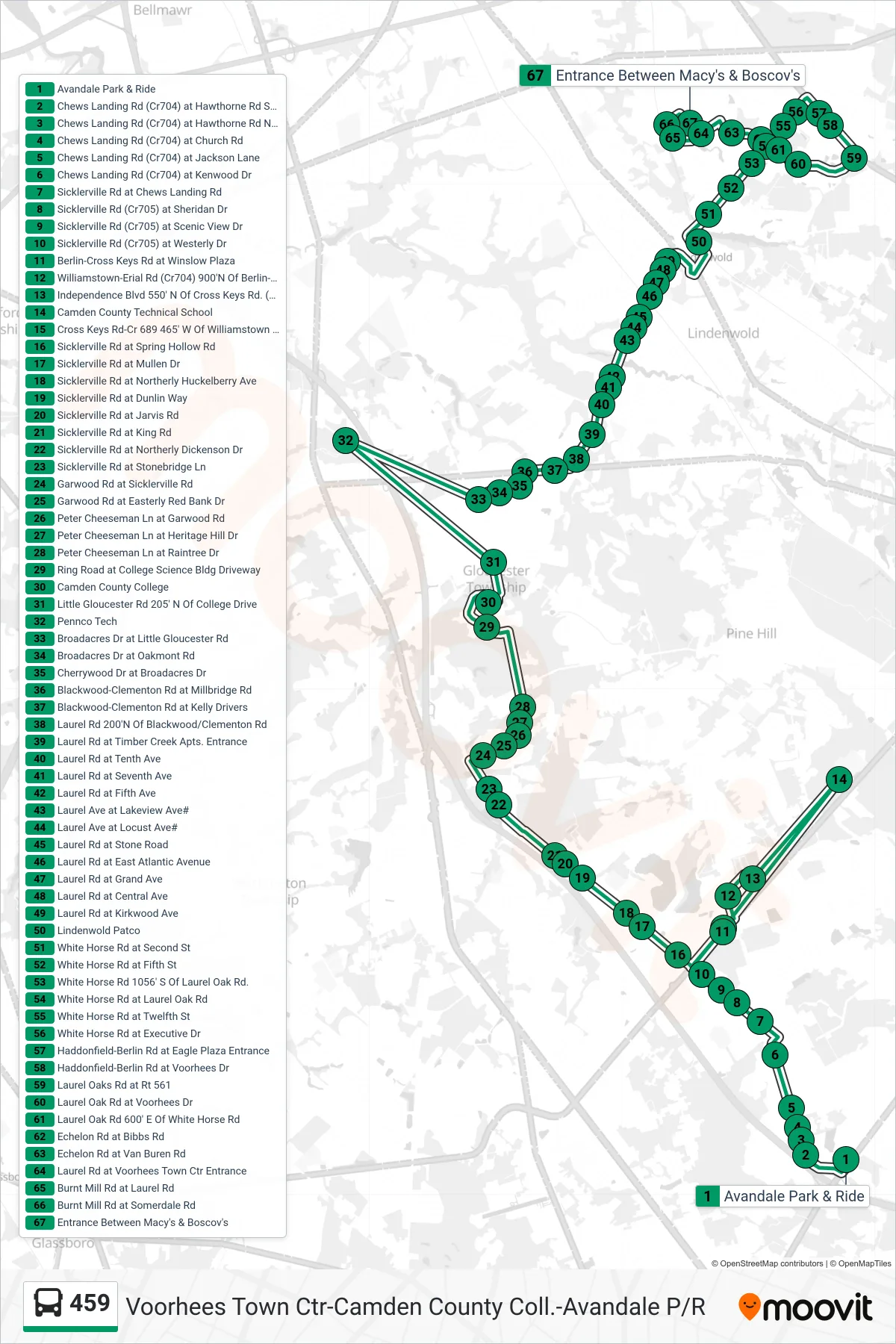 459 bus Line (Voorhees Ctr Ccts Voorhees Ctr Cmdn College Voorhees Ctr Pennco Tech) route and stops on a map