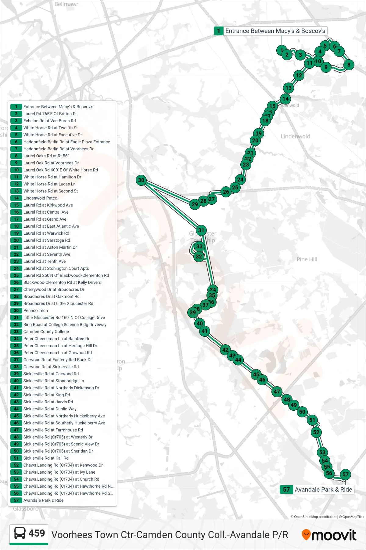459 bus Line (Avandale Via Pennco Tech Avandale Via Cmdn College) route and stops on a map