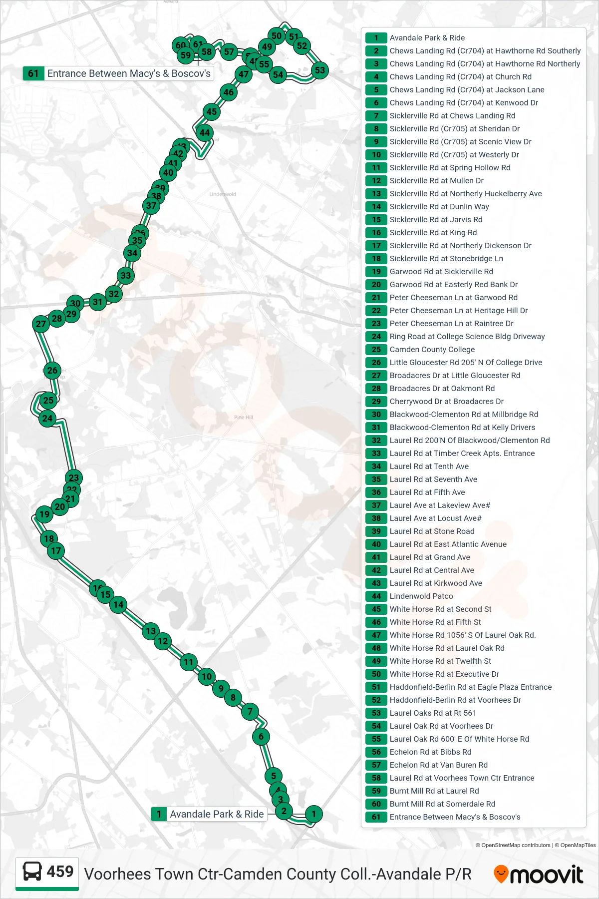 459 bus Line (Voorhees Ctr Cmdn College) route and stops on a map