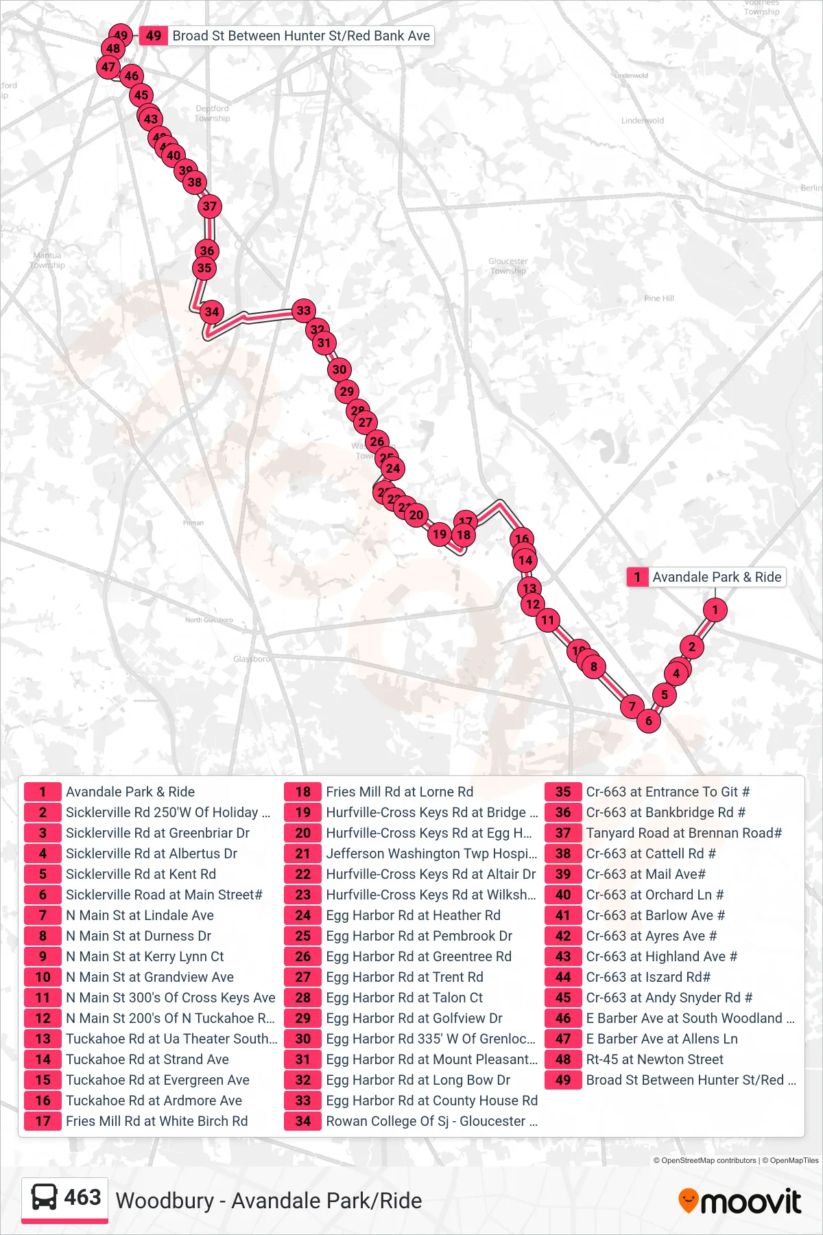 463 bus Line (Woodbury Egg Harbor Rd) route and stops on a map