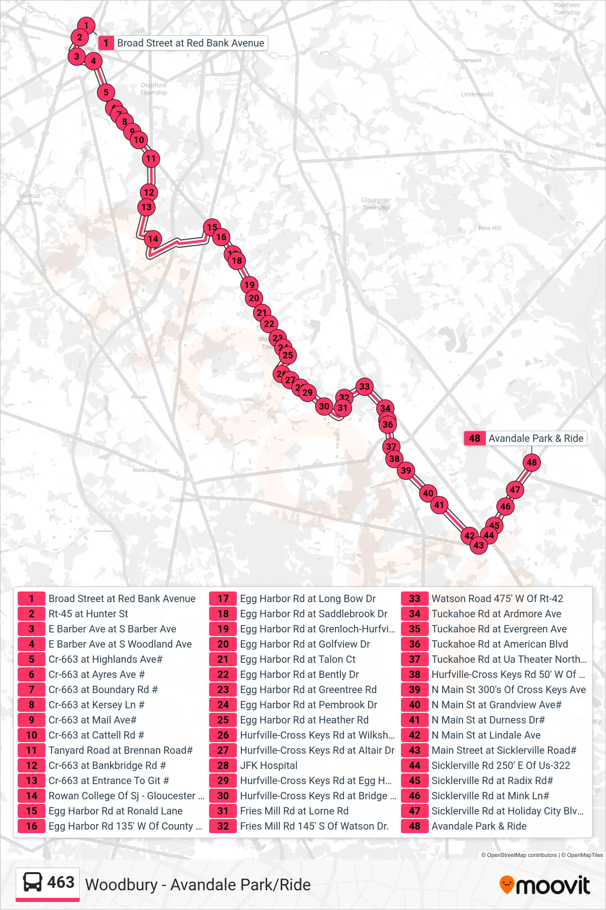463 bus Line (Avandale Egg Harbor Rd) route and stops on a map