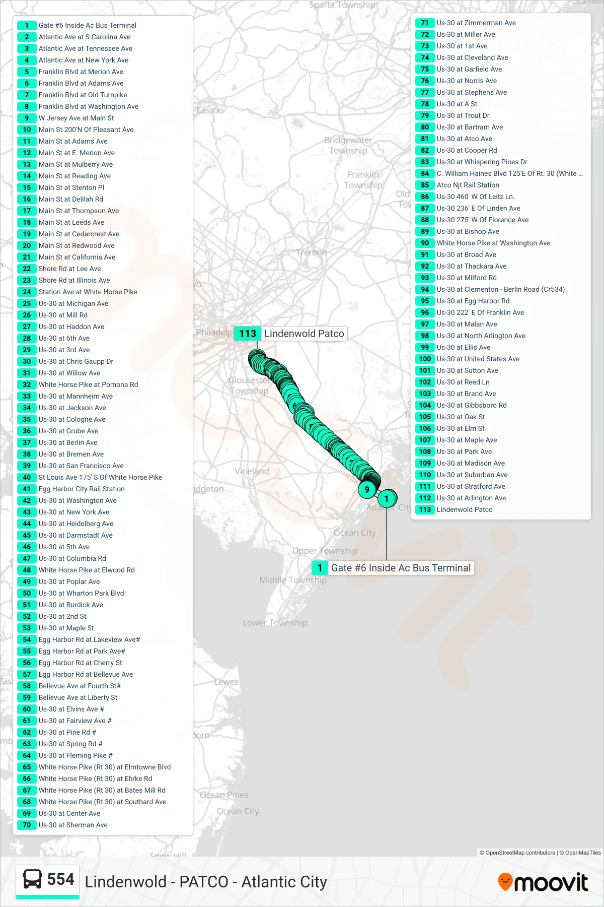 554 bus Line (Lindenwold Patco) route and stops on a map