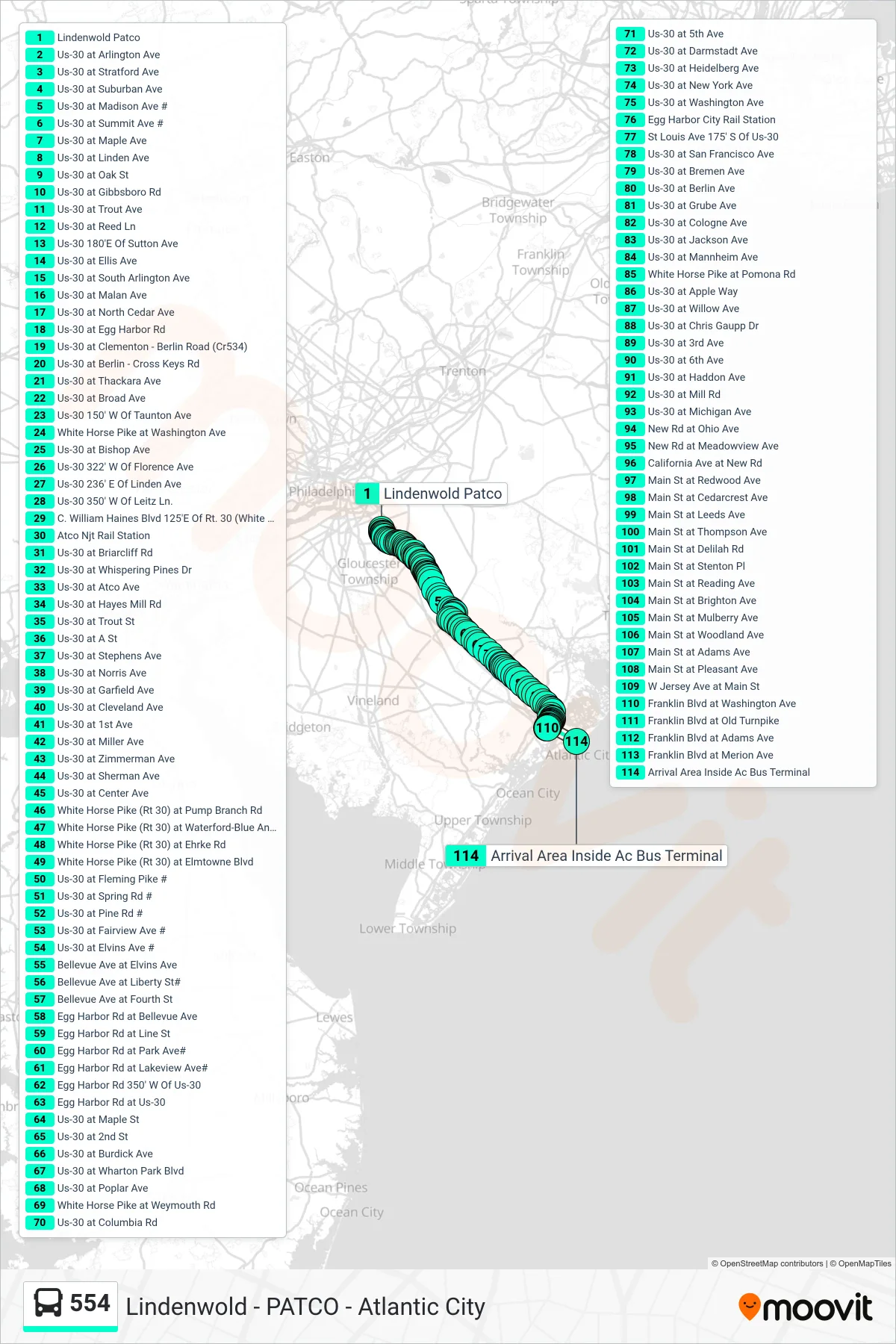 554 bus Line (Atlantic Cty California/New) route and stops on a map