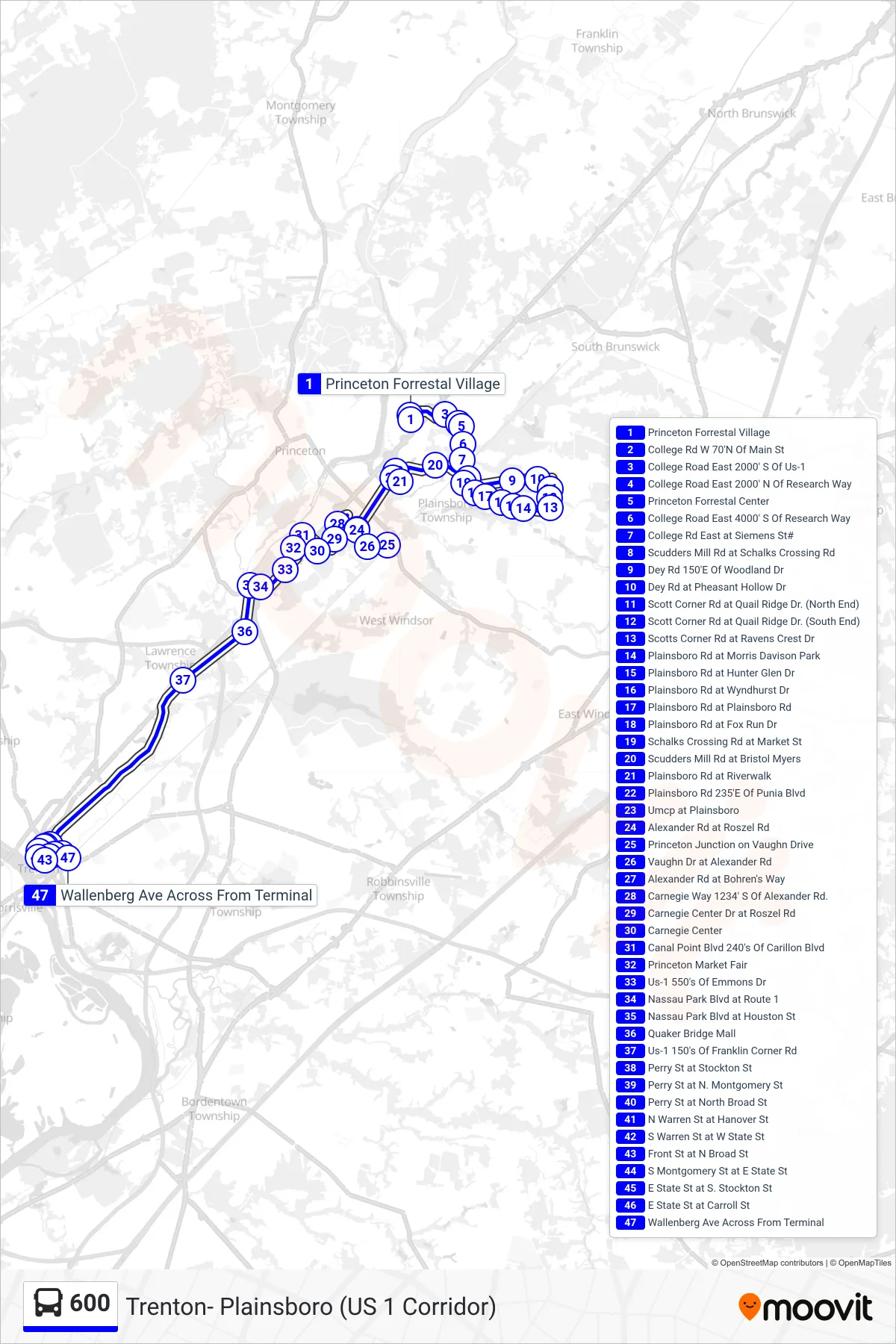 600 bus Line (Trenton Via Marketfair) route and stops on a map