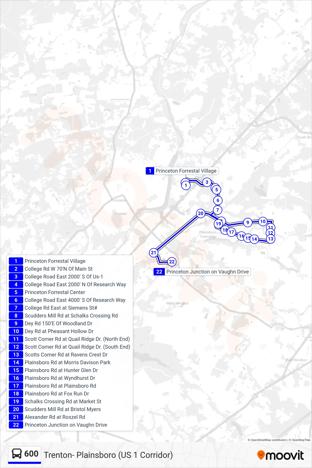600 bus Line (Princeton Jct Rail Station) route and stops on a map