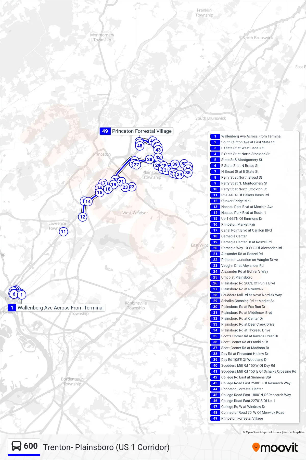 600 bus Line (Plainsboro Via Mktfair Plainsboro Scotts Cnr) route and stops on a map