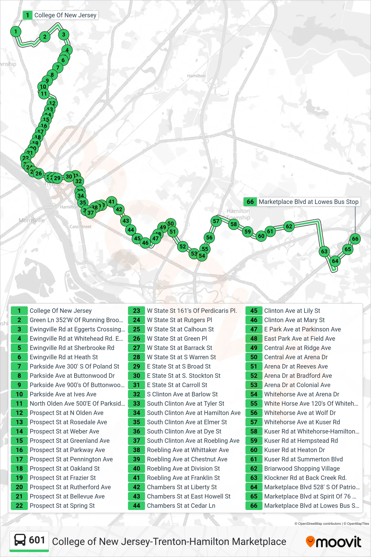 601 bus Line (Cc Hamilton Marketplace) route and stops on a map