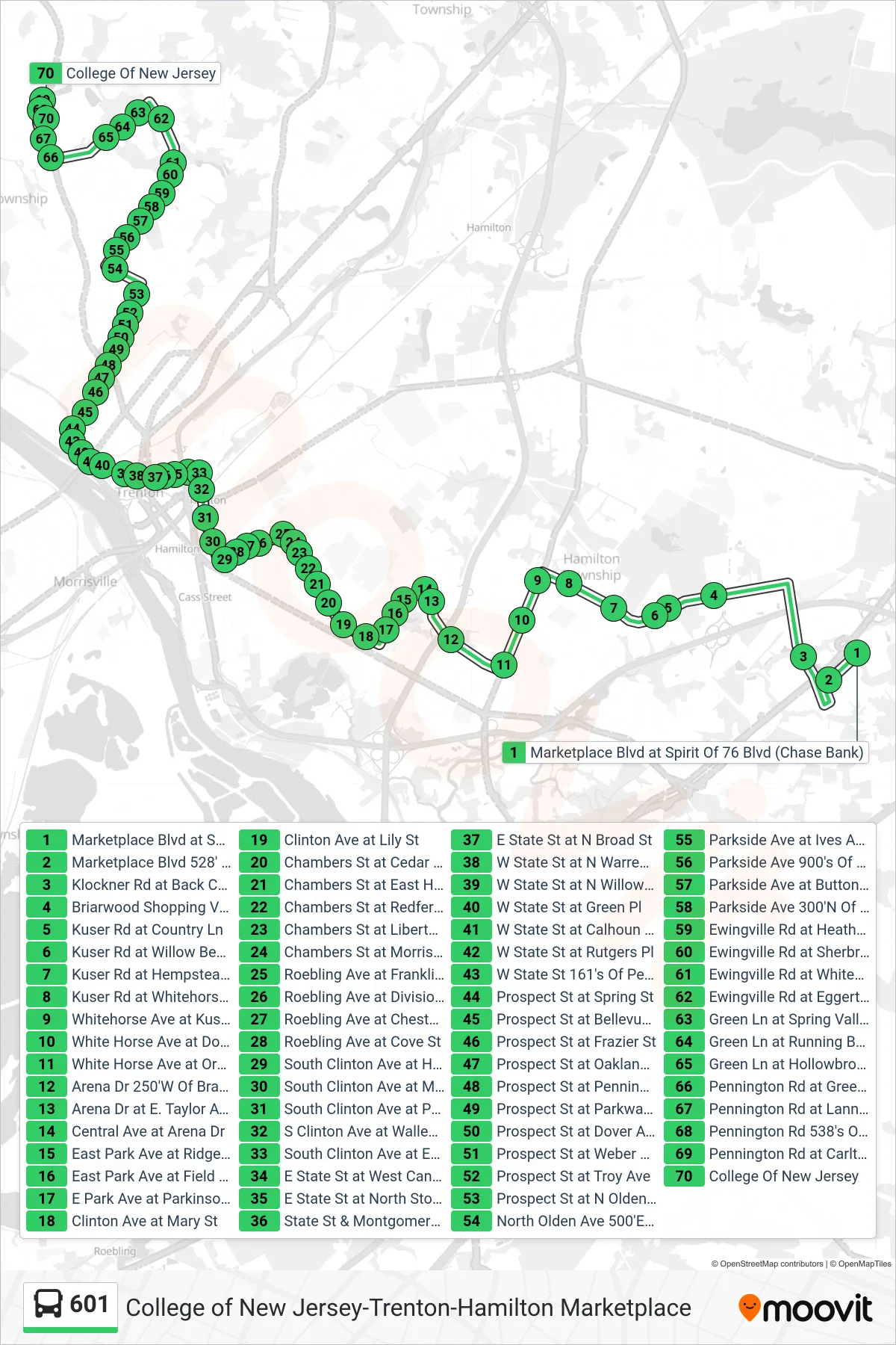 601 bus Line (Cc College Of New Jersey) route and stops on a map