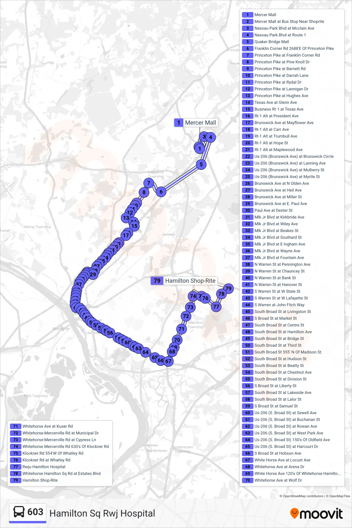 603 bus Line (Hamilton Sq Rwj Hospital) route and stops on a map