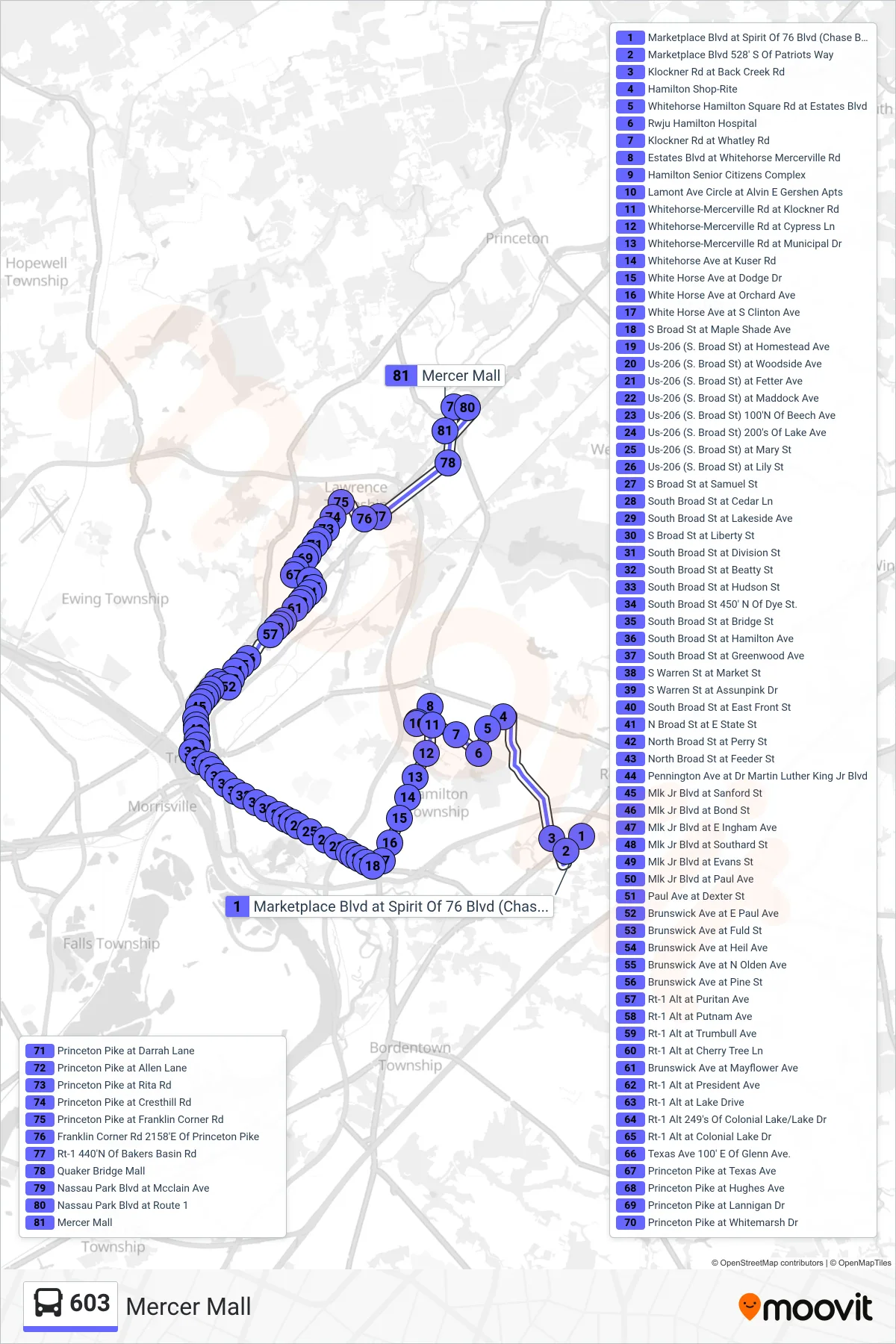 603 bus Line (Mercer Mall) route and stops on a map