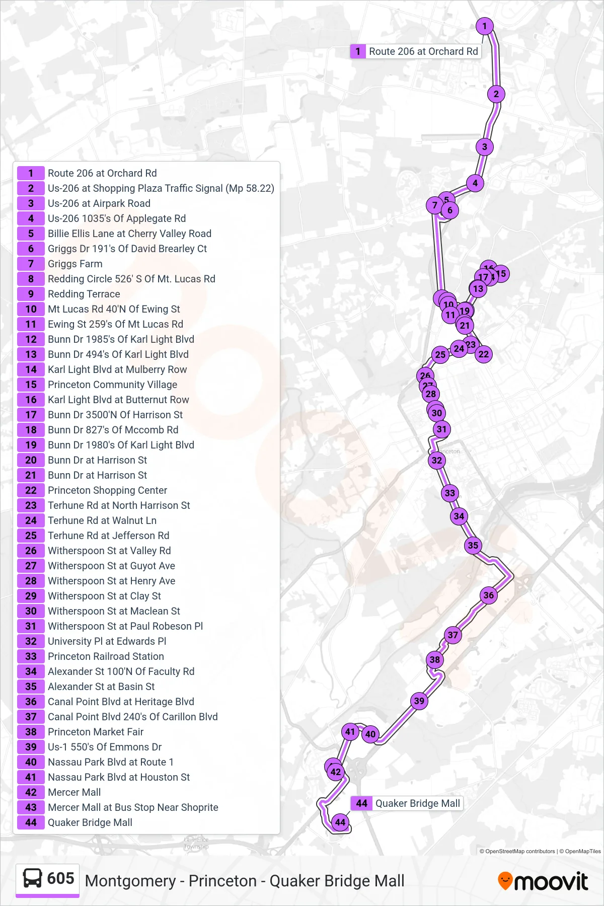 605 bus Line (Quaker Br Mall Via Griggs Frm) route and stops on a map