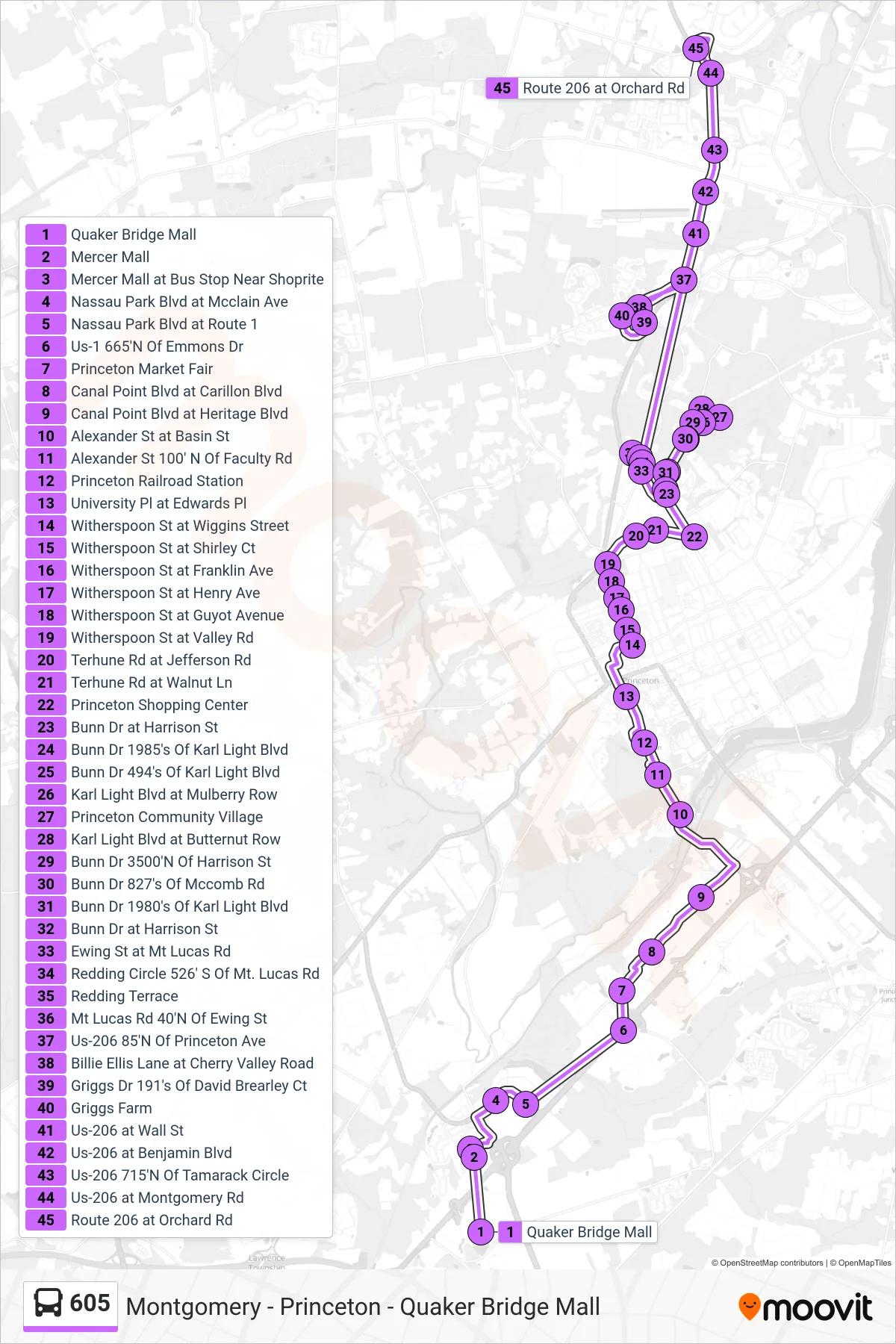 605 bus Line (Princeton Montgomery Twp Via Griggs Frm) route and stops on a map