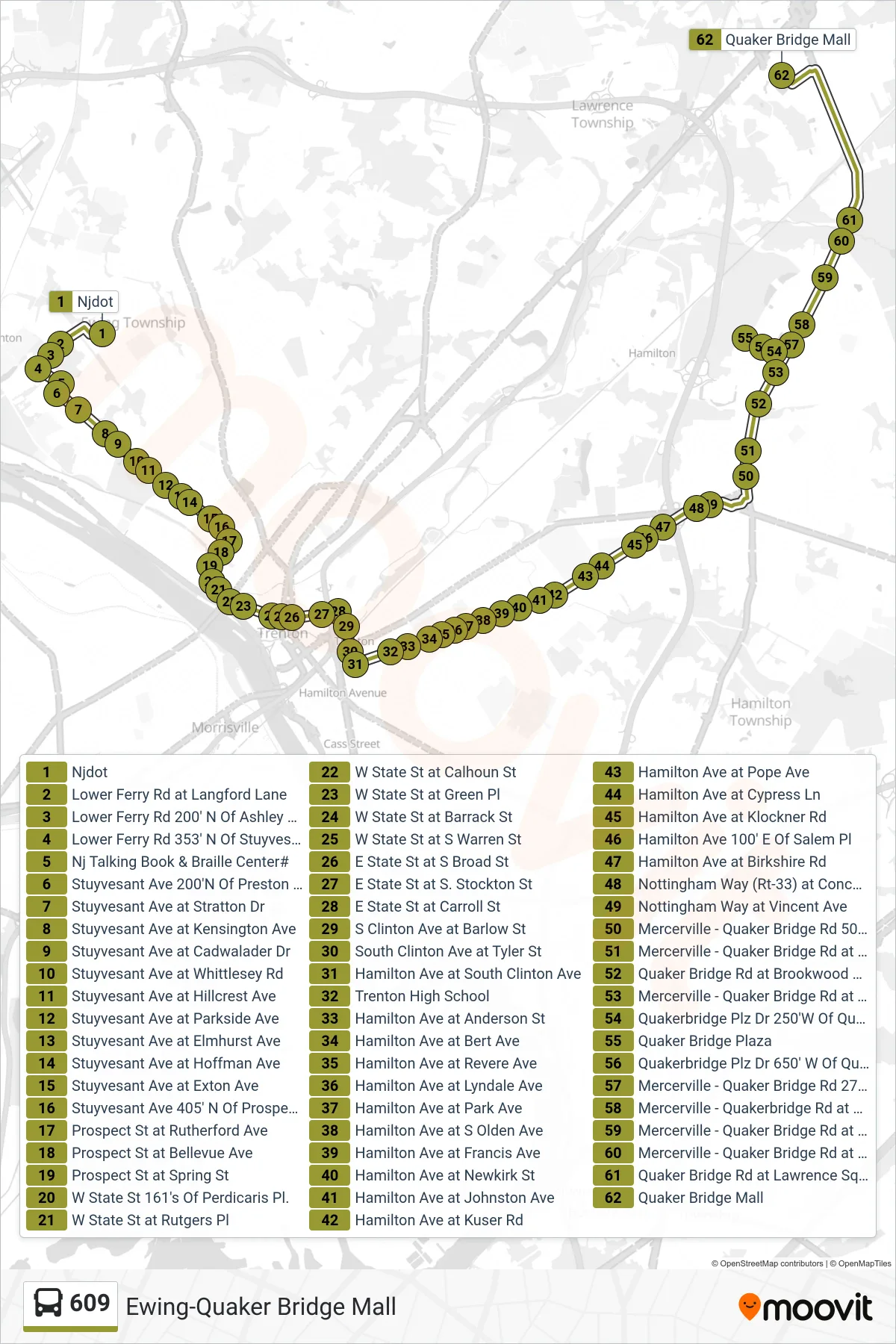 609 bus Line (Cc Quaker Bridge Mall Quaker Bridge Plaza) route and stops on a map