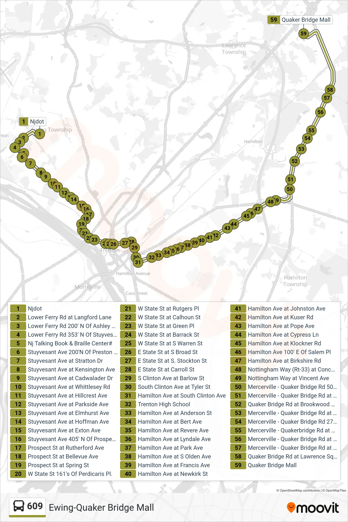 609 bus Line (Cc Quaker Bridge Mall) route and stops on a map