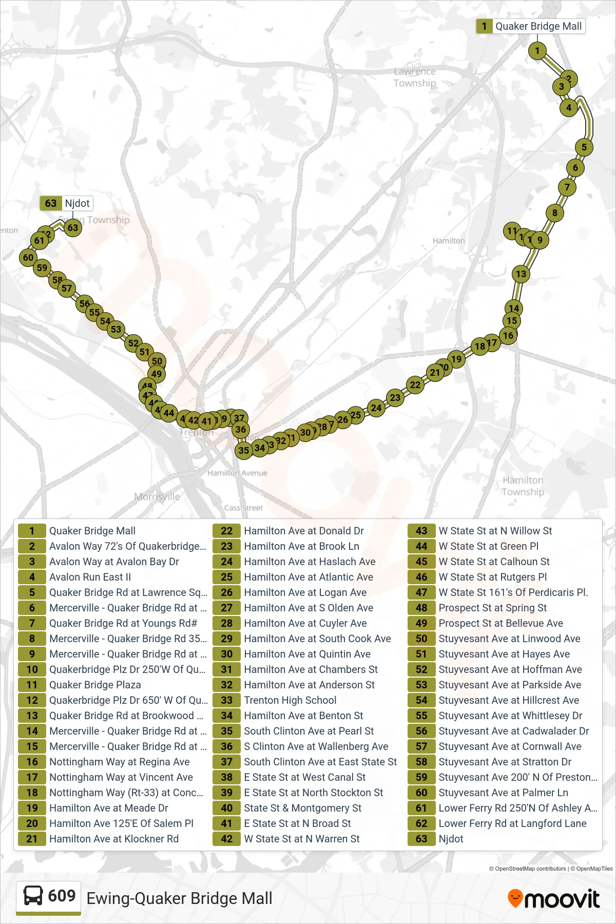 609 bus Line (Cc Ewing Njdot) route and stops on a map