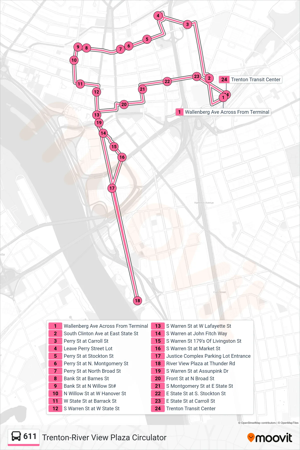 611 bus Line (Trenton Circ Justice Cmplx Trenton Circ Riverview Plz) route and stops on a map