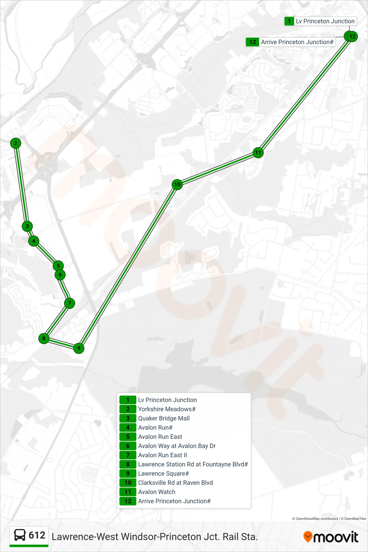 612 bus Line (Princeton Junction) route and stops on a map