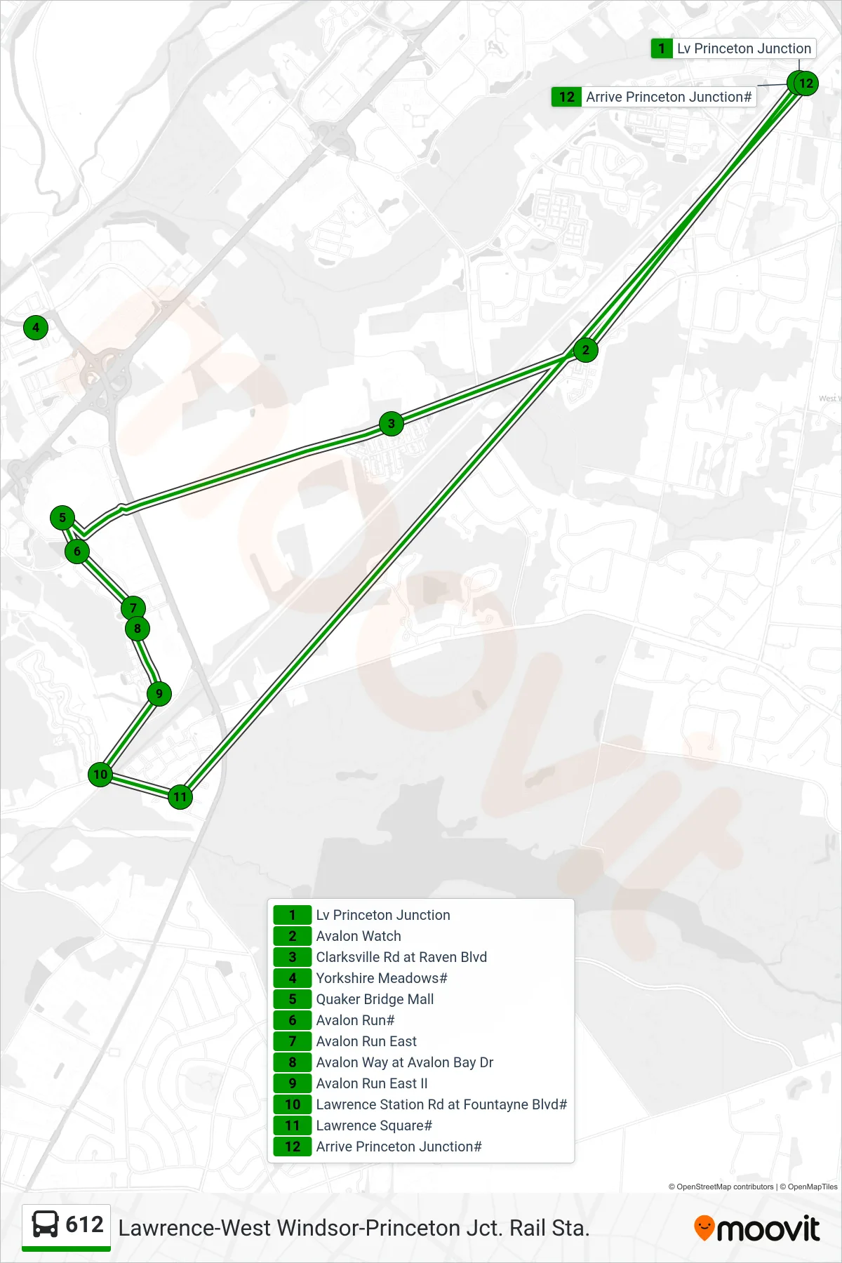 612 bus Line (Lawrence West Windsor) route and stops on a map