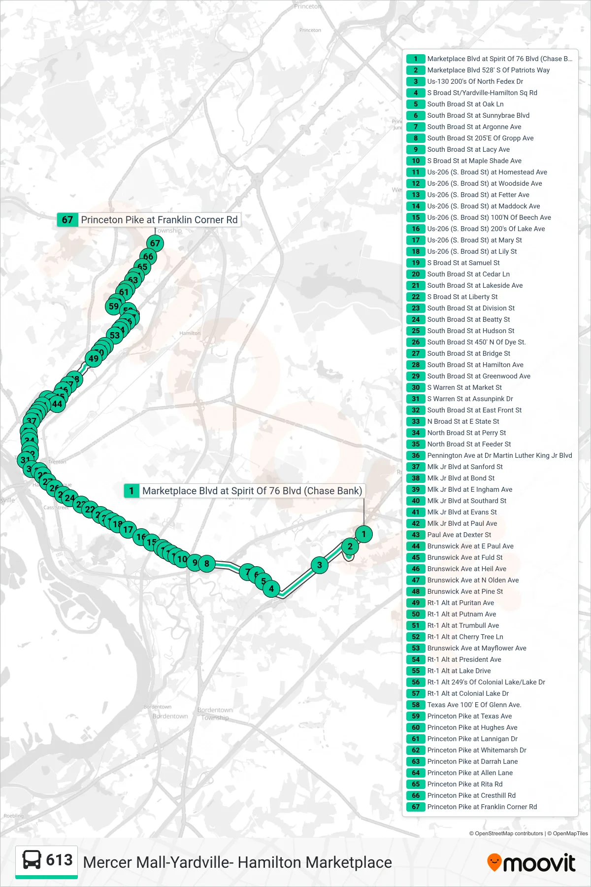 613 bus Line (Lawrence Frnkln Cnr Rd) route and stops on a map