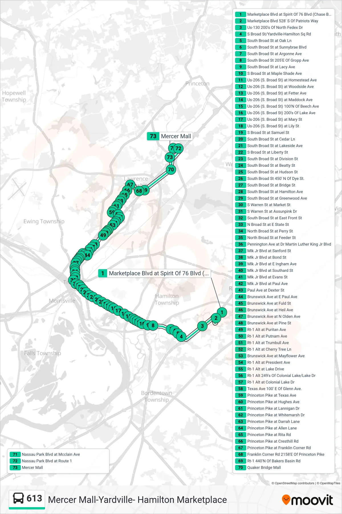 613 bus Line (Mercer Mall) route and stops on a map