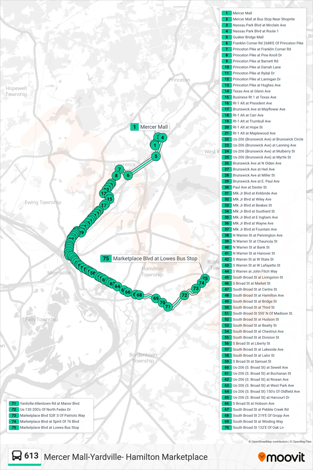 613 bus Line (Hamilton Marketplace) route and stops on a map