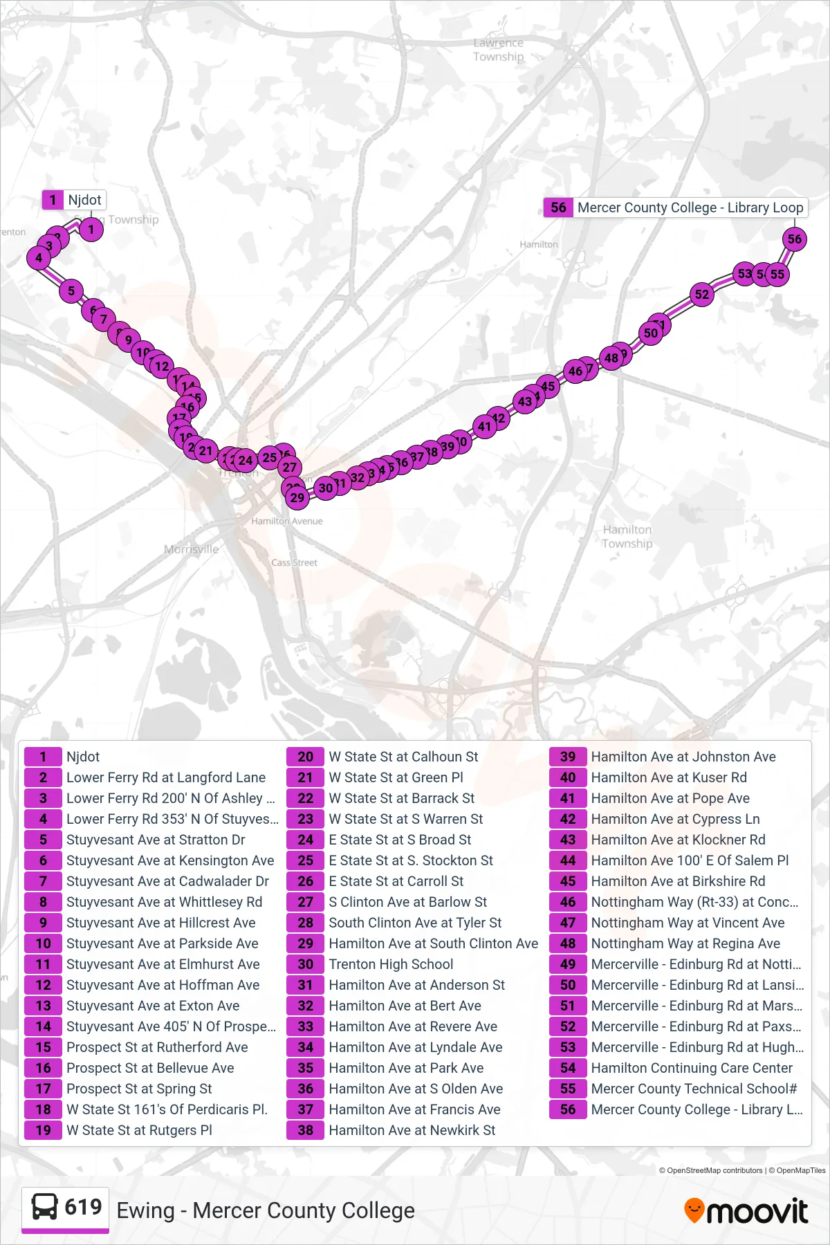 619 bus Line (Cc Mercer Ccc Mercer Votech) route and stops on a map