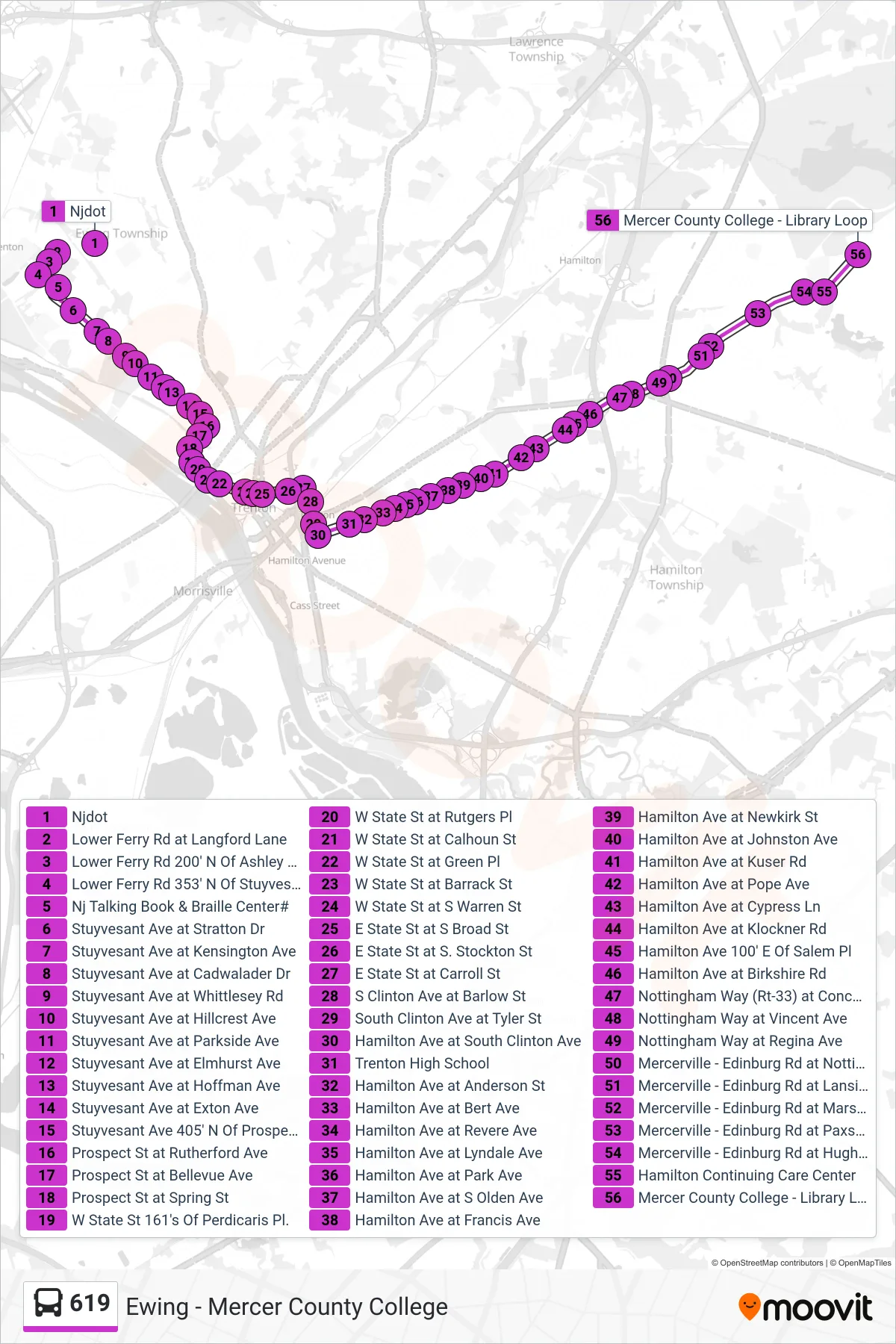 619 bus Line (Cc Mercer Ccc) route and stops on a map