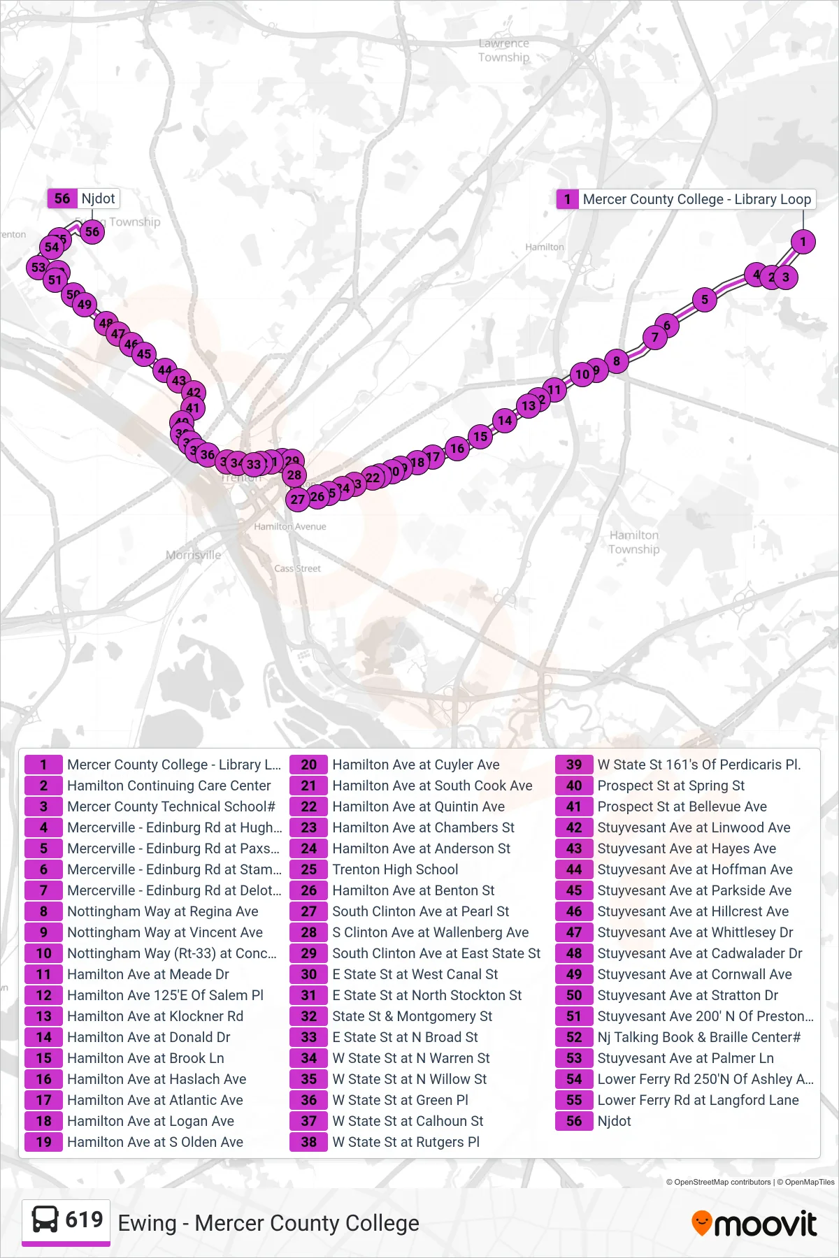 619 bus Line (Cc Ewing Njdot Talking Book Braille Ctr) route and stops on a map
