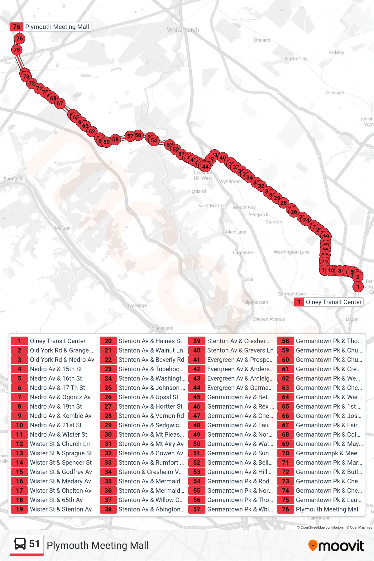 51 bus Line (Plymouth Meeting Mall) route and stops on a map