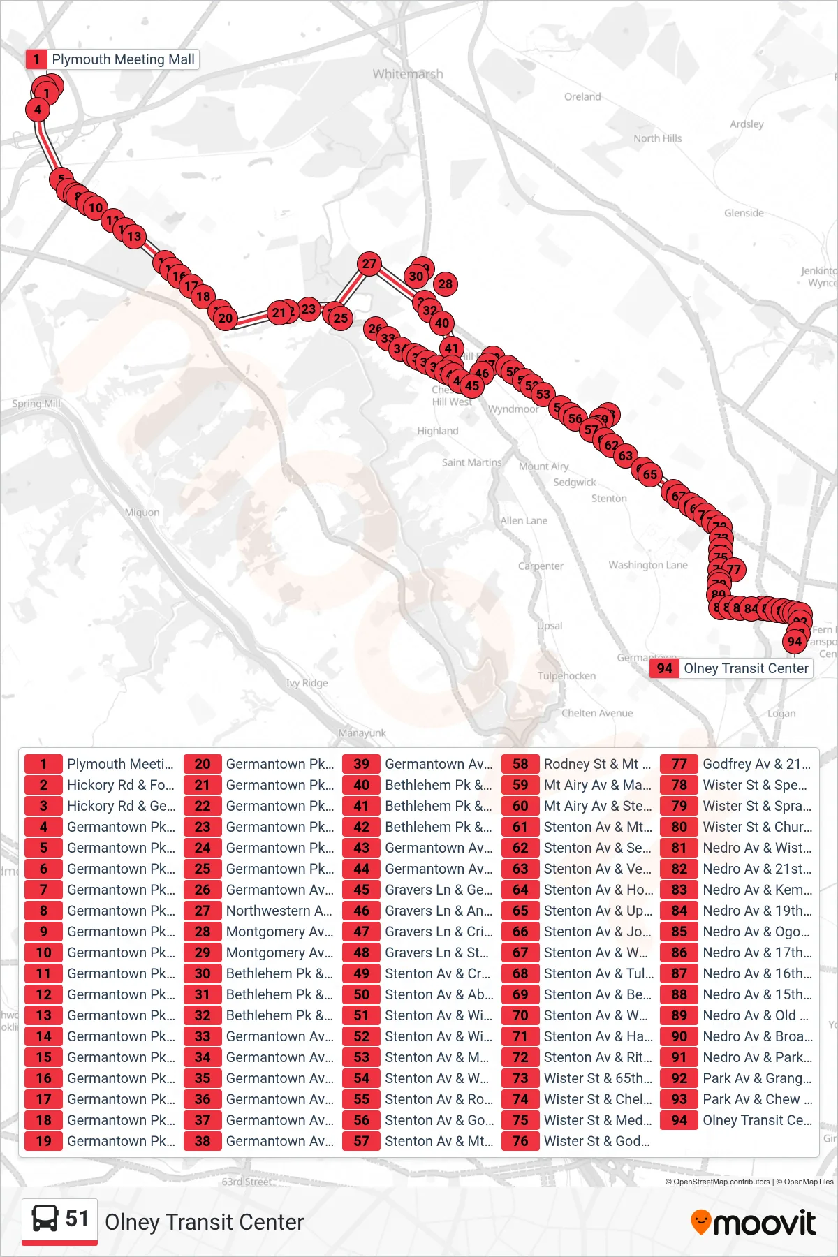 51 bus Line (Olney Transit Center) route and stops on a map