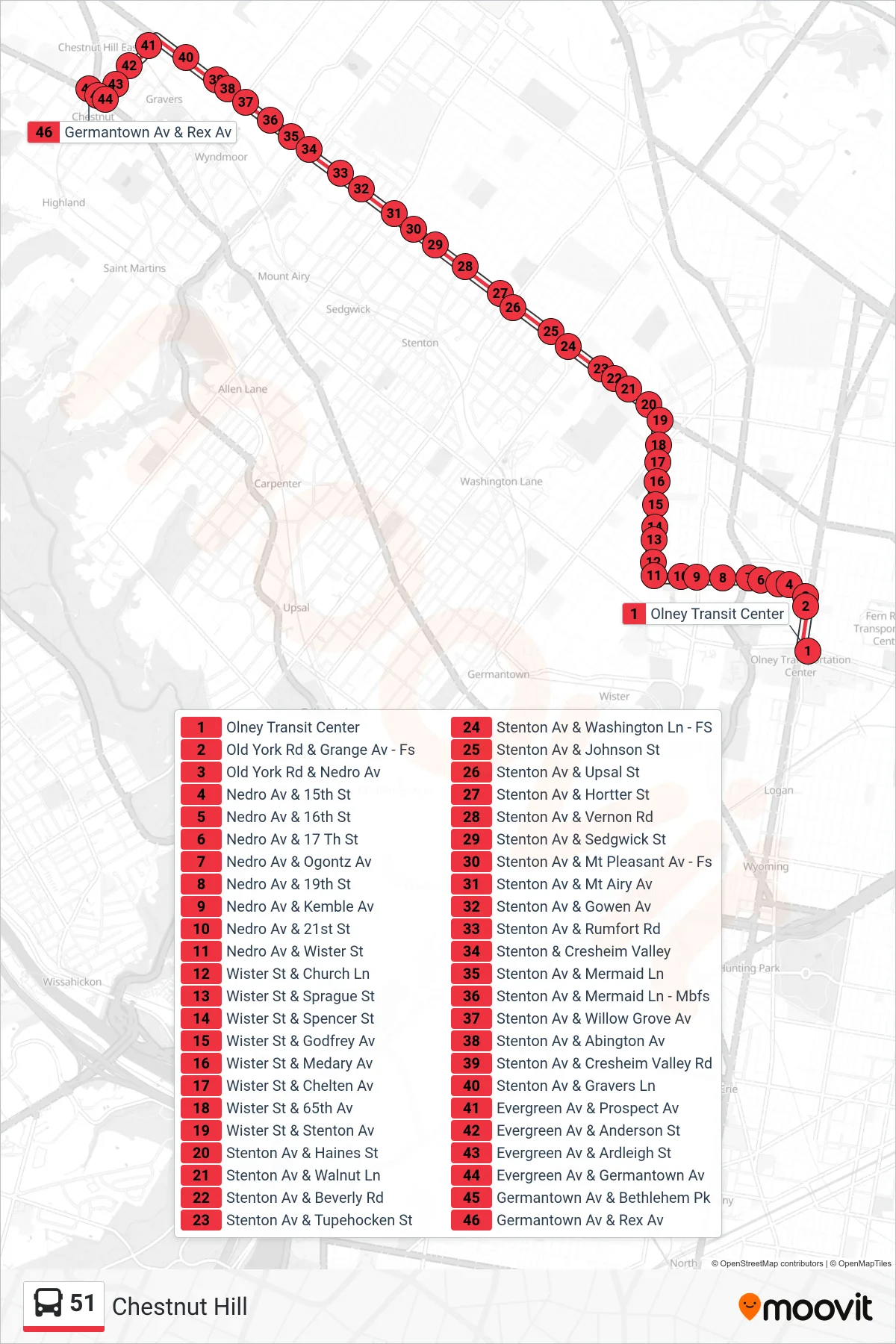 51 bus Line (Chestnut Hill) route and stops on a map