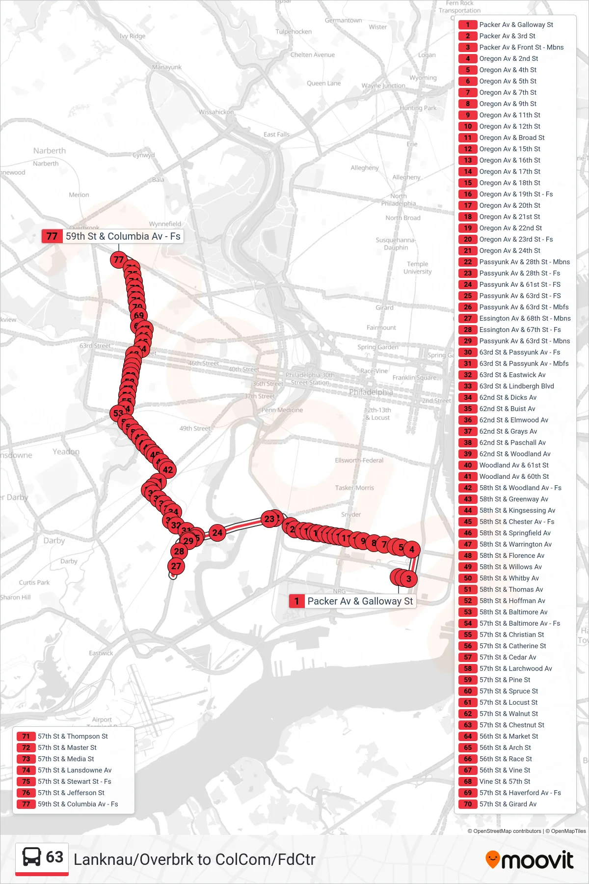 63 bus Line (59th-Columbia Via Produce Market) route and stops on a map