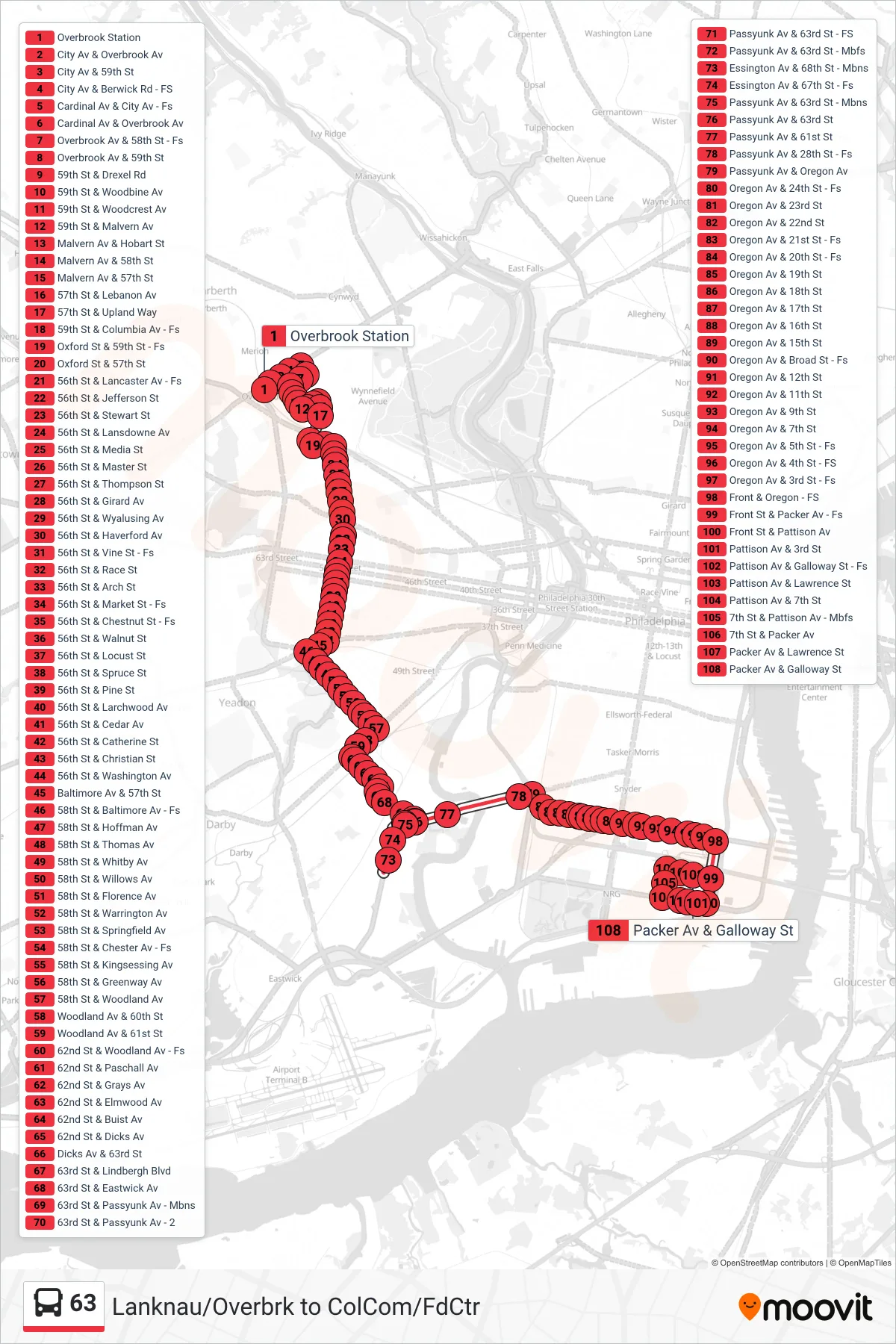 63 bus Line (Food Center Via Produce Market) route and stops on a map