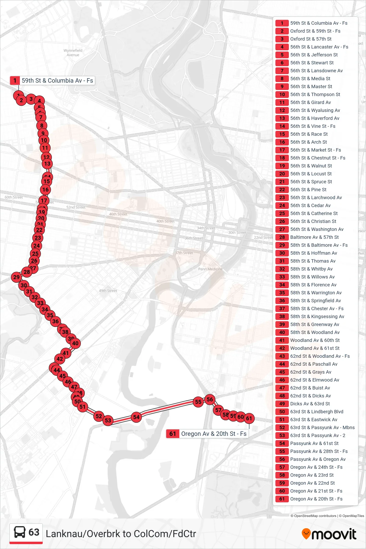 63 bus Line (20th-Oregon) route and stops on a map