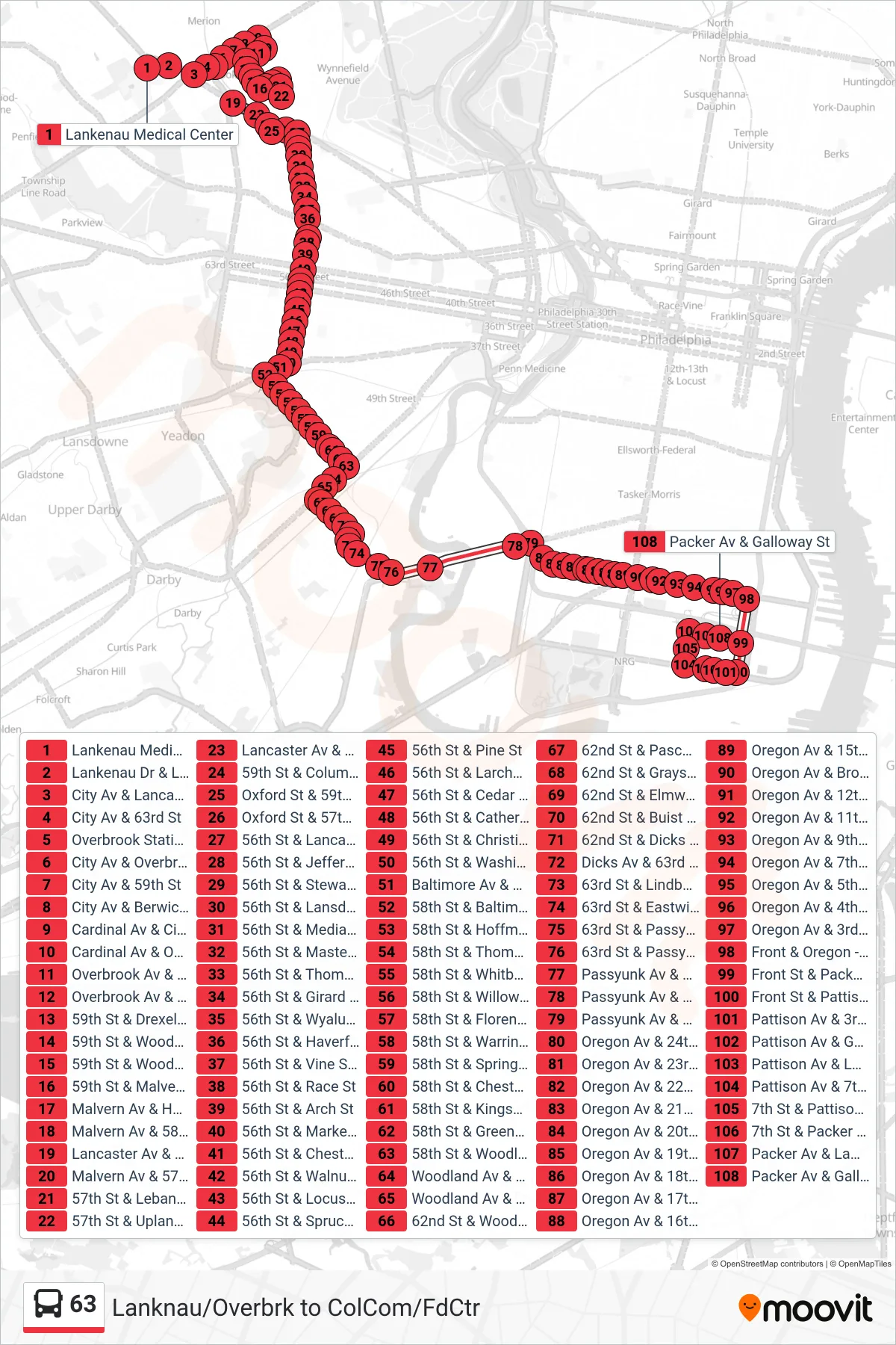 63 bus Line (Food Center) route and stops on a map
