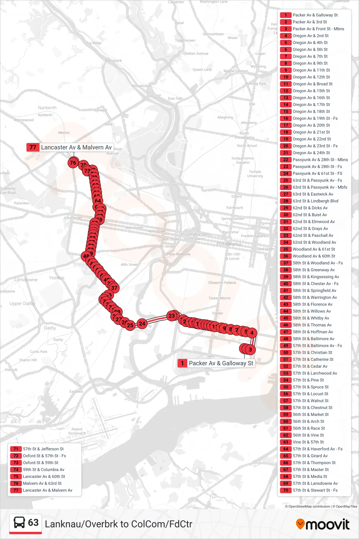 63 bus Line (63rd-Malvern) route and stops on a map