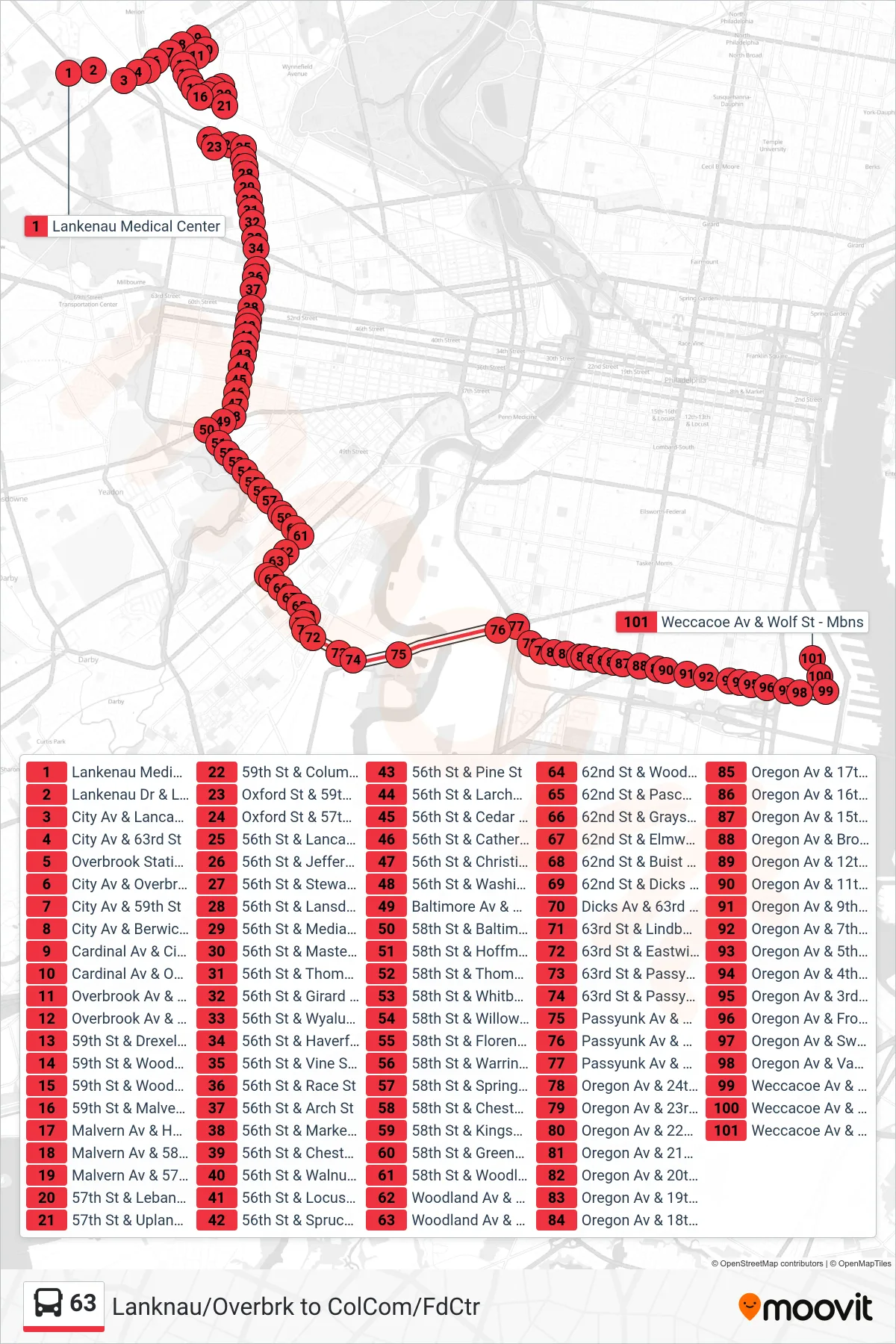 63 bus Line (Columbus Commons) route and stops on a map