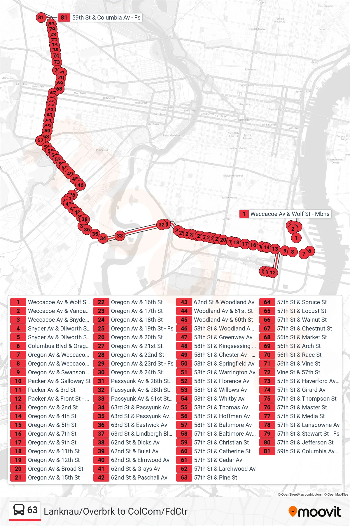 63 bus Line (59th-Columbia) route and stops on a map