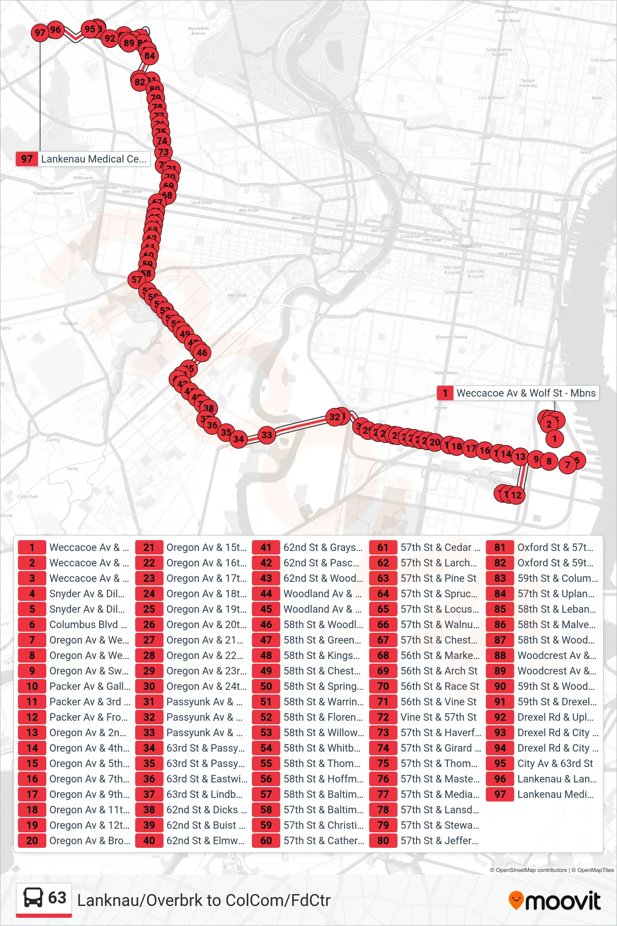 63 bus Line (Lankenau Medical Center) route and stops on a map