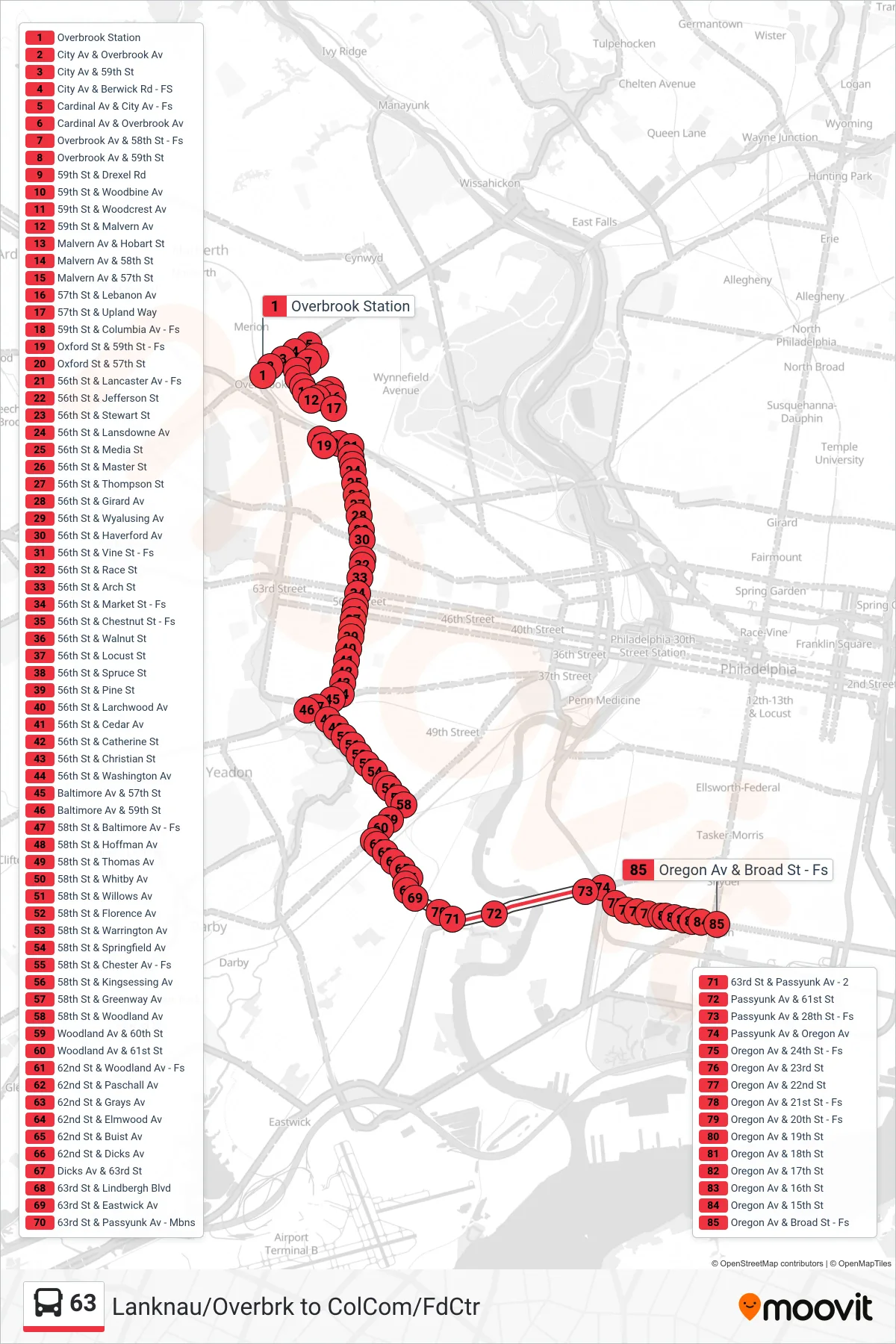 63 bus Line (Broad-Oregon) route and stops on a map