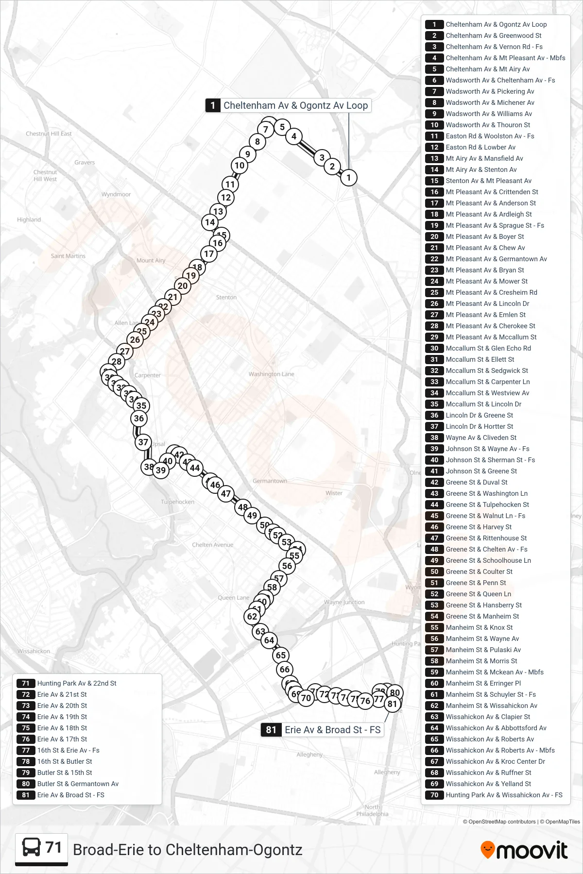 71 bus Line (Broad-Erie) route and stops on a map