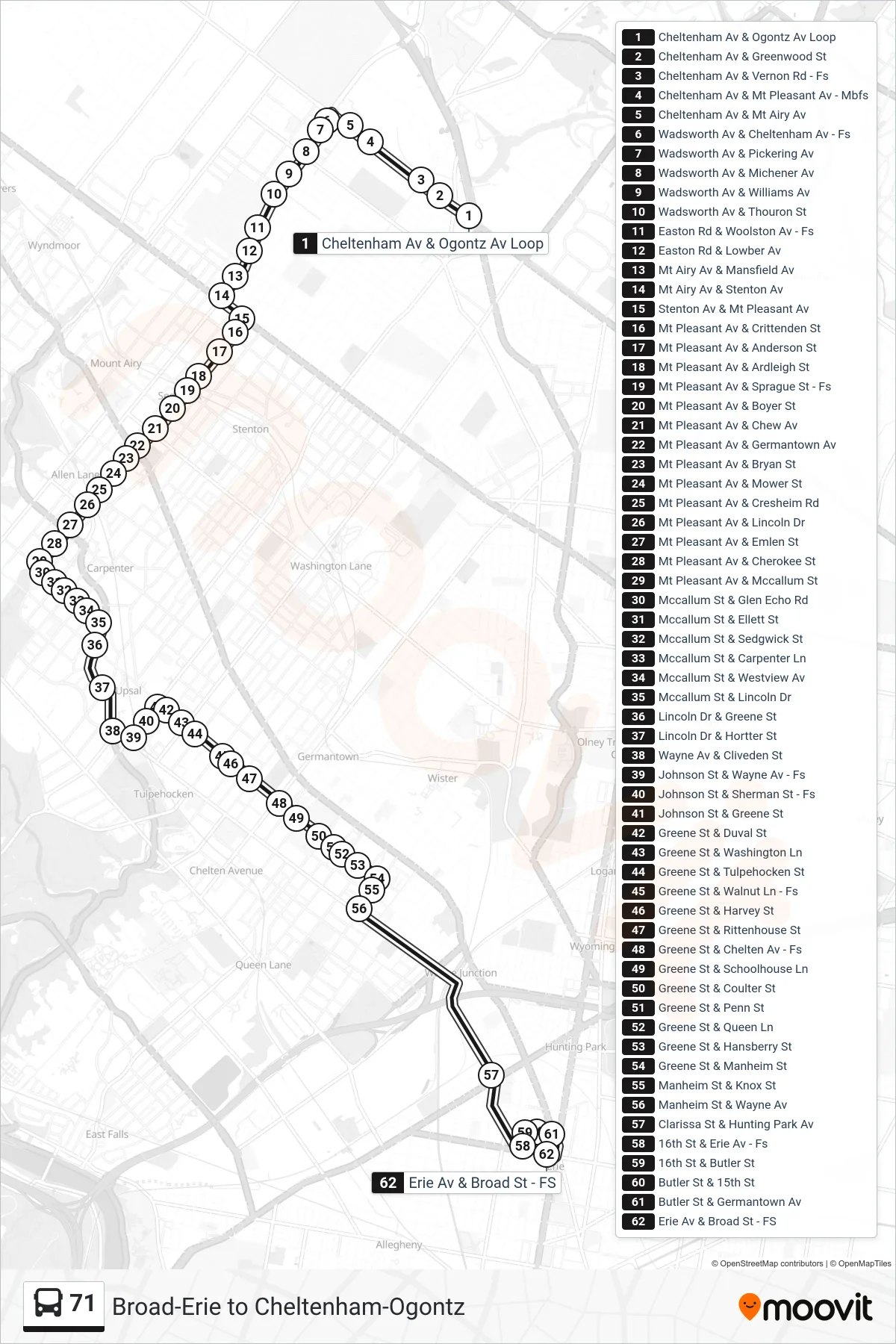 71 bus Line (Express Broad-Erie) route and stops on a map
