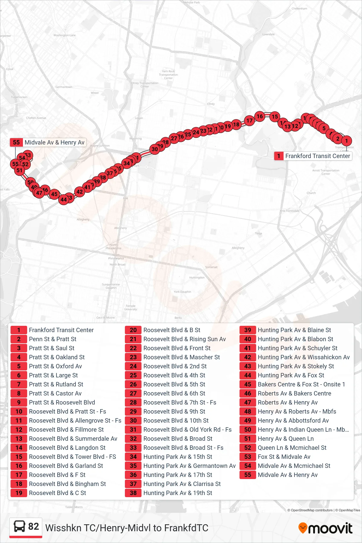 82 bus Line (Henry-Midvale) route and stops on a map