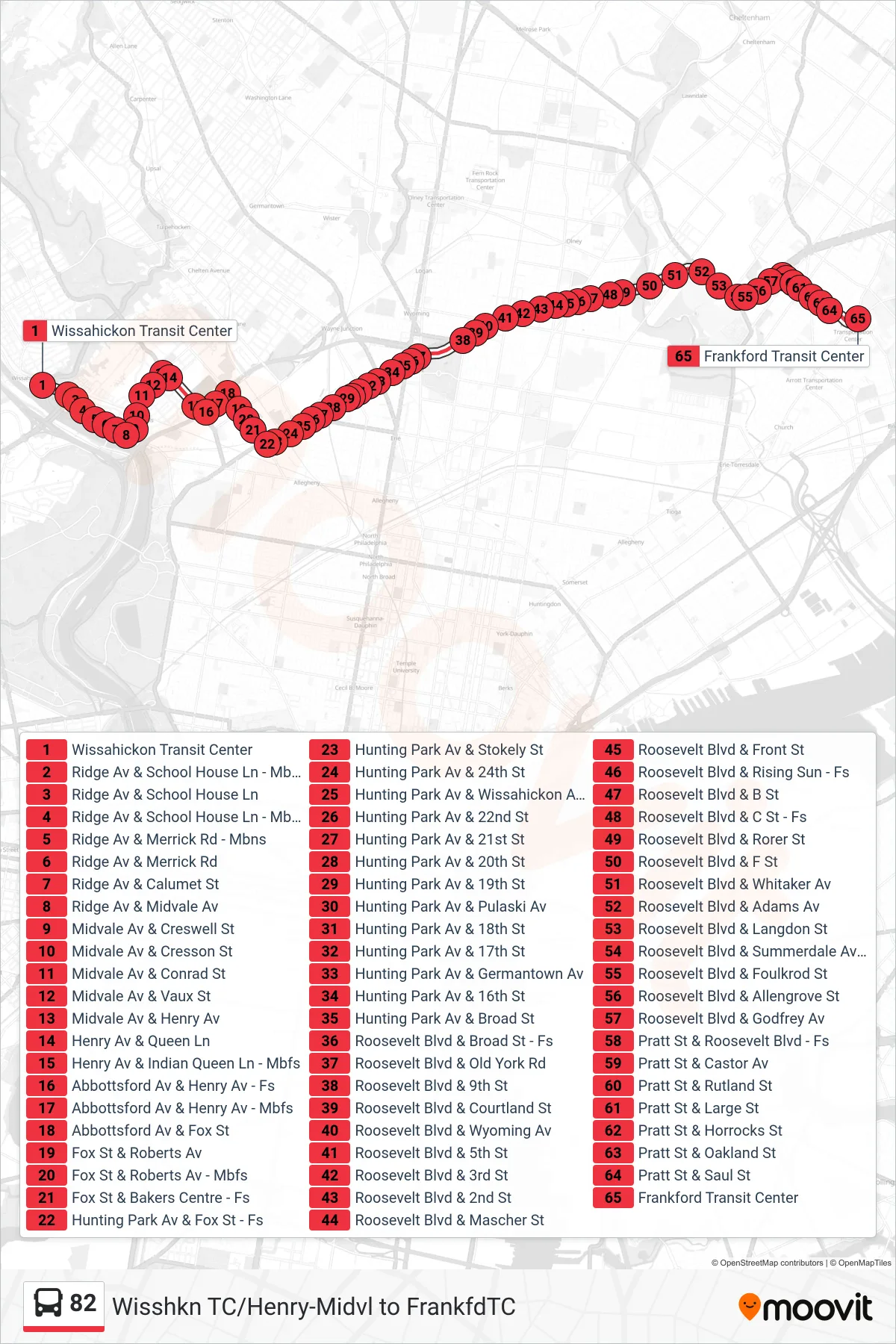 82 bus Line (Frankford Transit Center Via Henry-Midvale) route and stops on a map