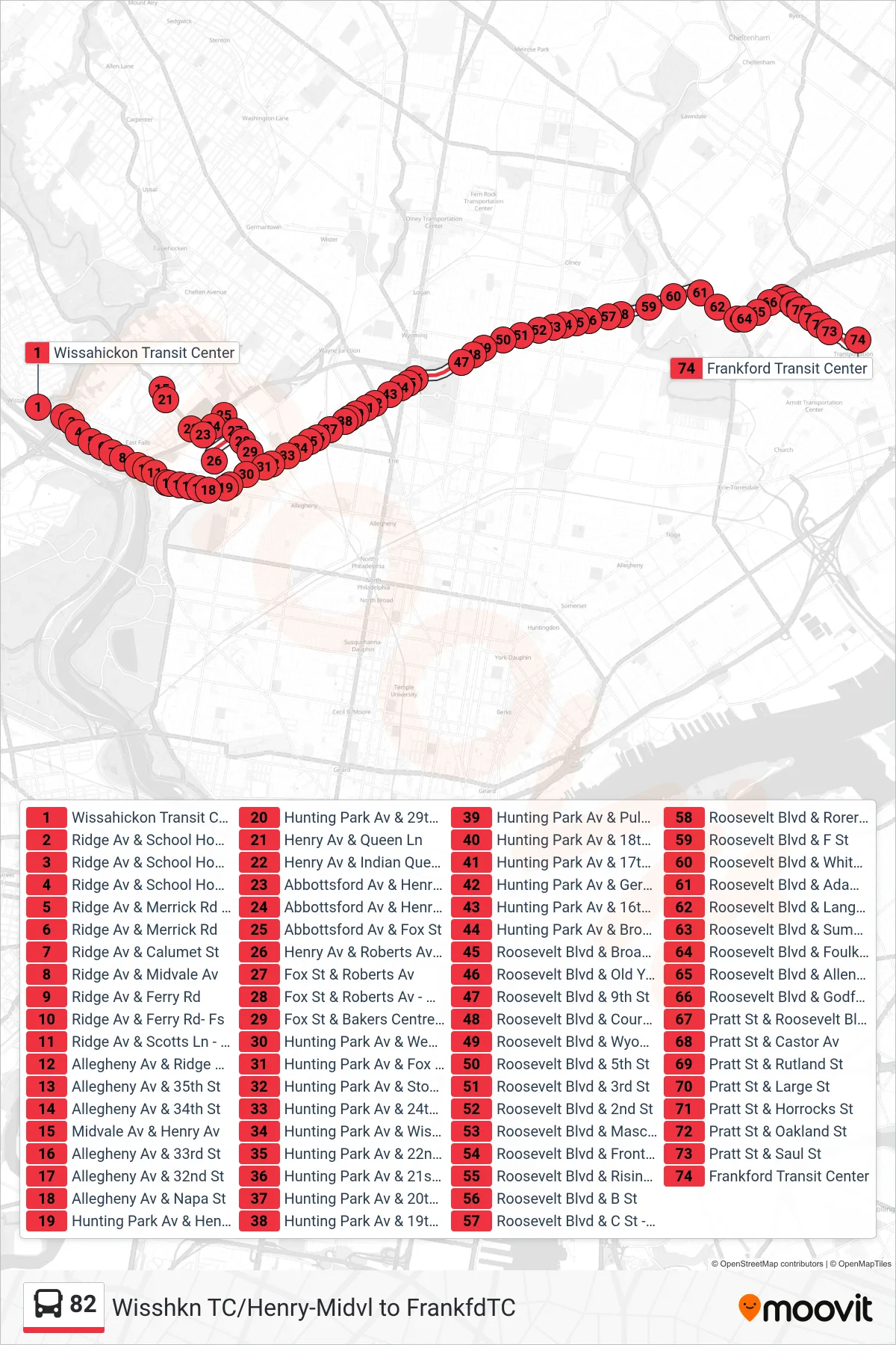 82 bus Line (Frankford Transit Center) route and stops on a map