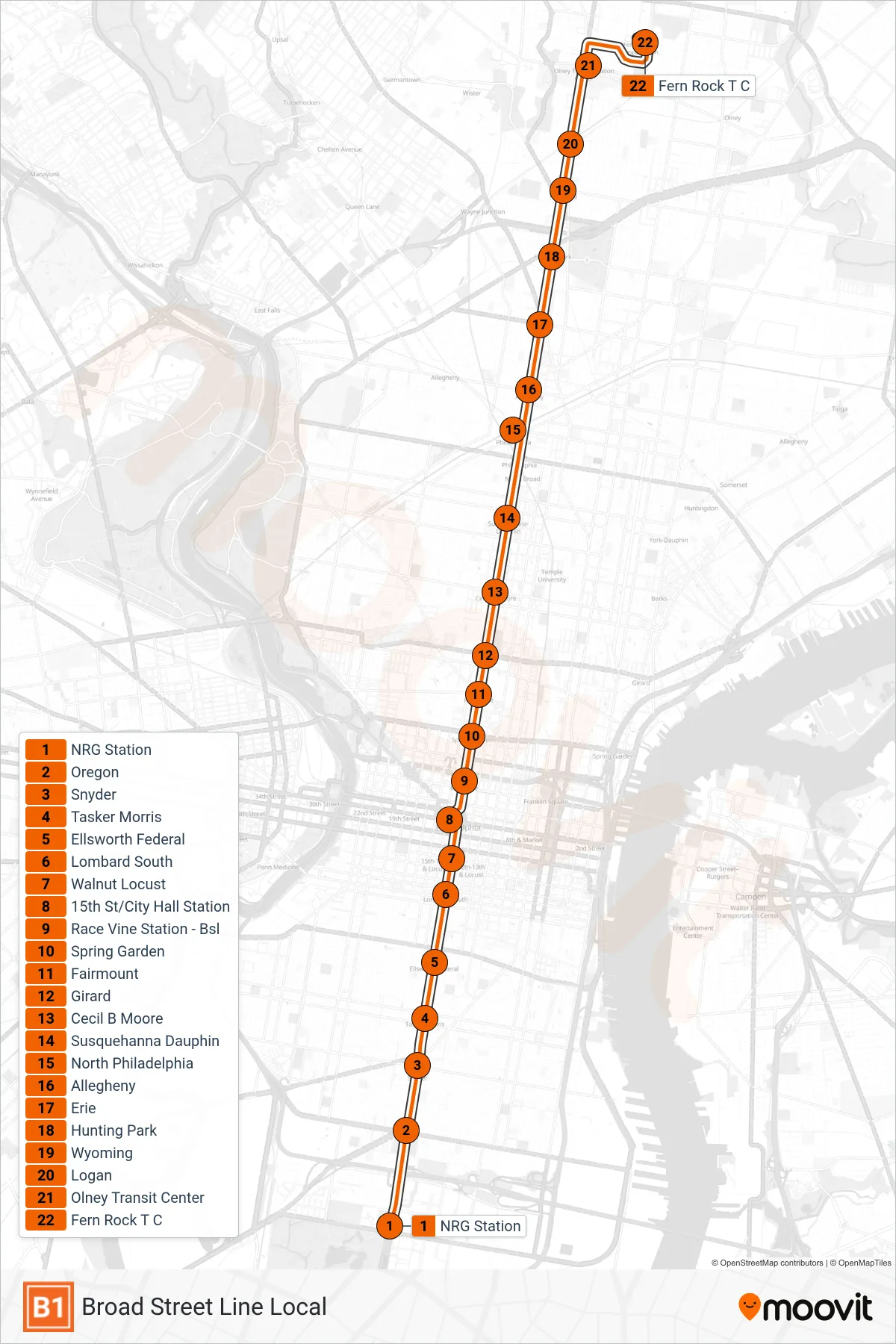 B1 metro Line (Fern Rock Transit Center) route and stops on a map