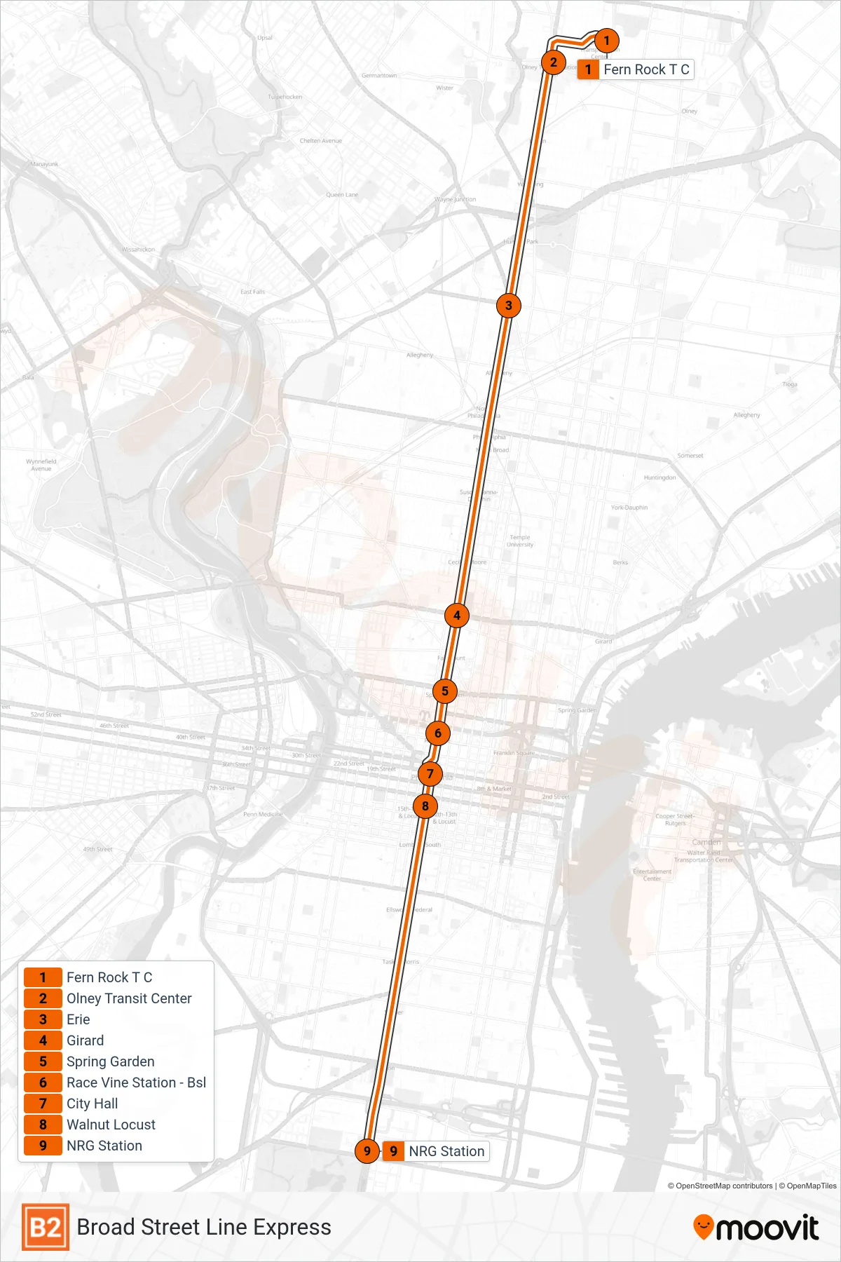 B2 metro Line (NRG) route and stops on a map