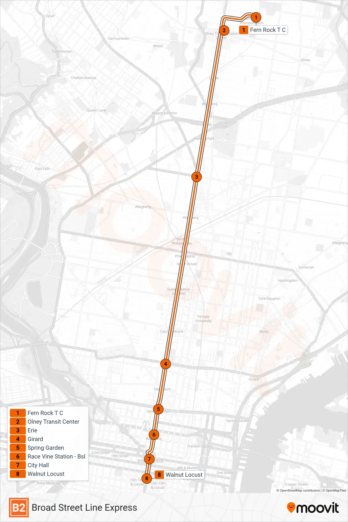 B2 subway Line (Walnut-Locust) route and stops on a map